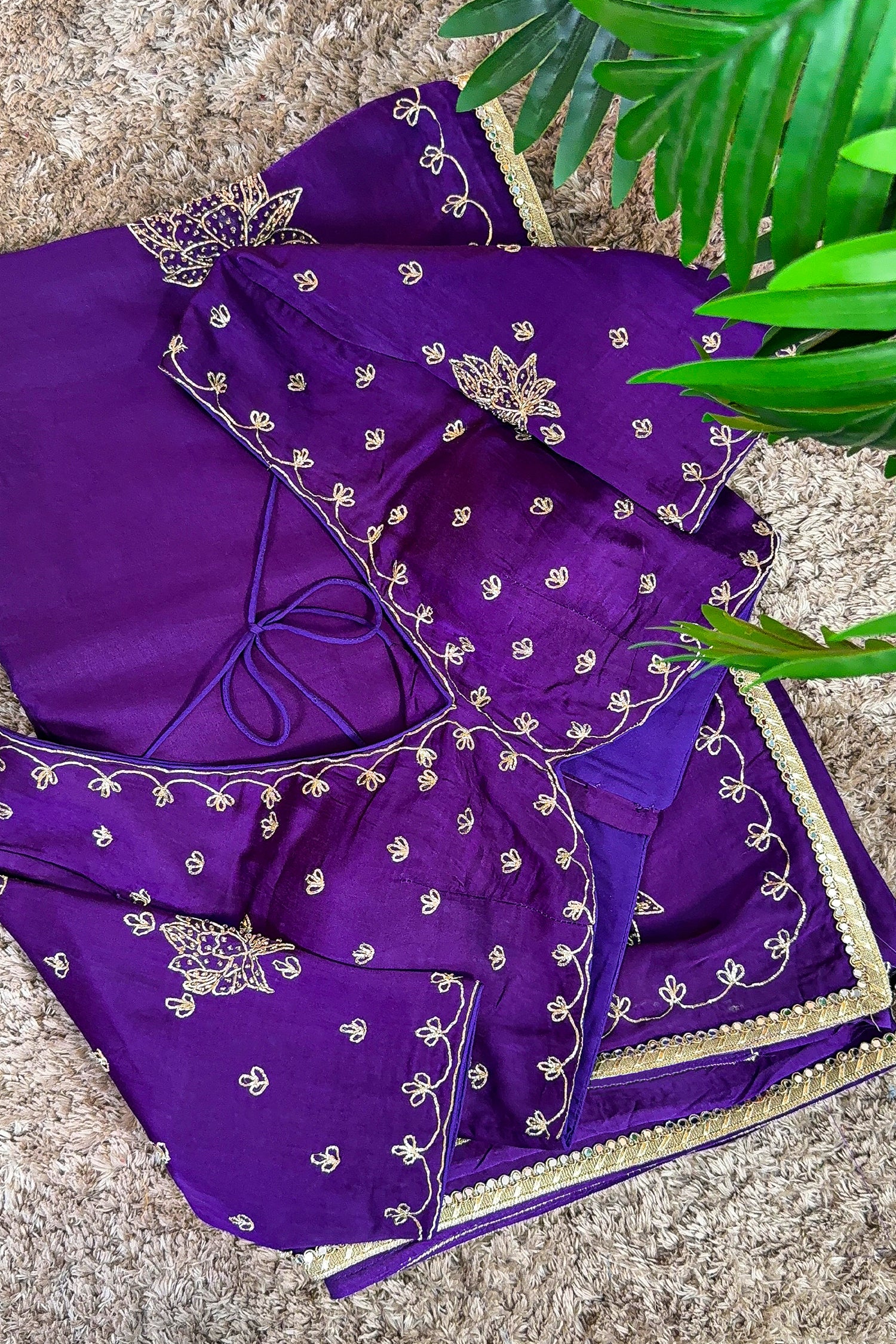 Purple Satin Silk Beads and Mirror Worked Saree with Readymade Blouse - Image 3