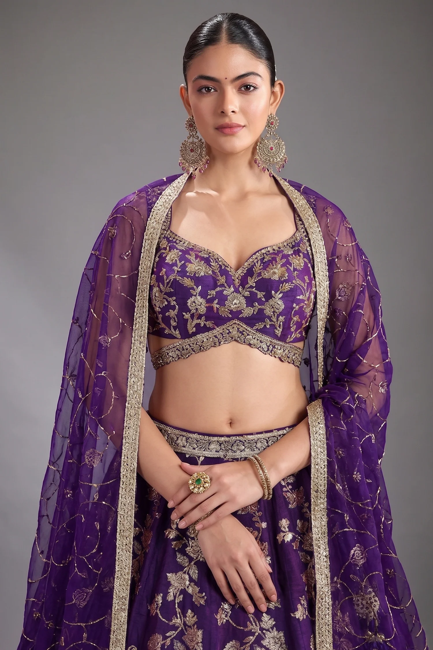 Purple Silk Floral Zari Woven Lehenga - Image 2