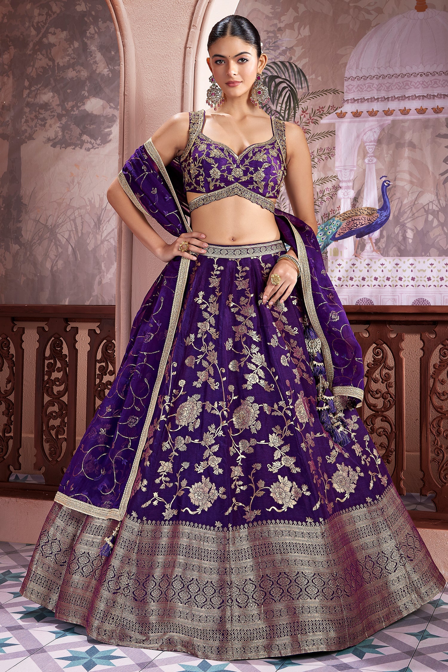 Purple Silk Floral Zari Woven Lehenga - Image 3