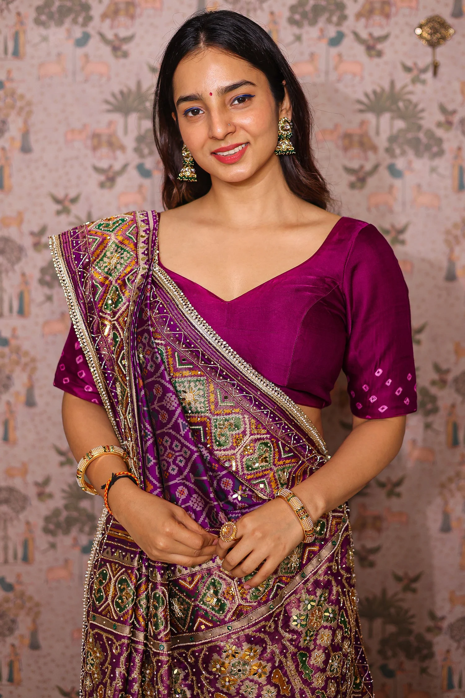 Purple Silk Traditional Woven Patola Saree with Cutdana and Beads Work - Image 6