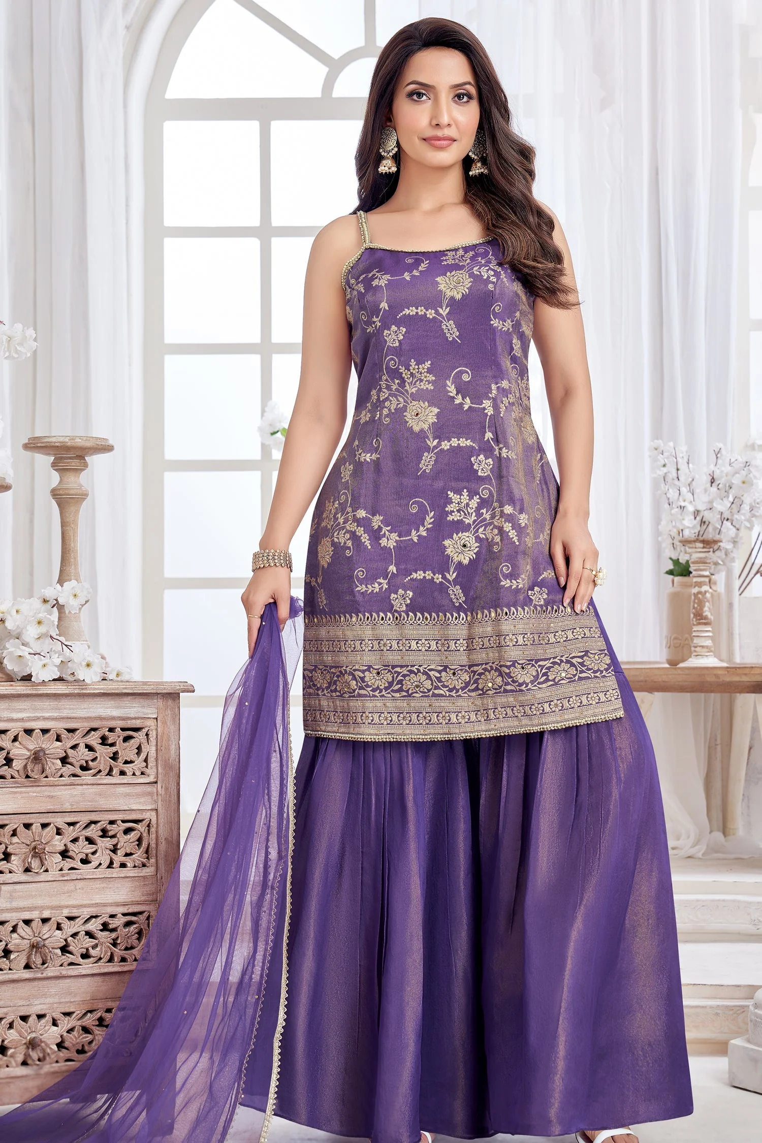 Purple Tissue Floral Woven Sharara Suit - Image 3