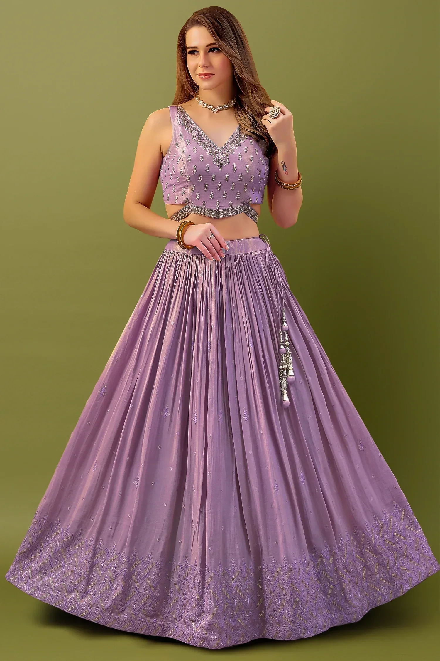 Purple Tissue Shimmer Sequin Embroidered Pleated Lehenga - Image 3