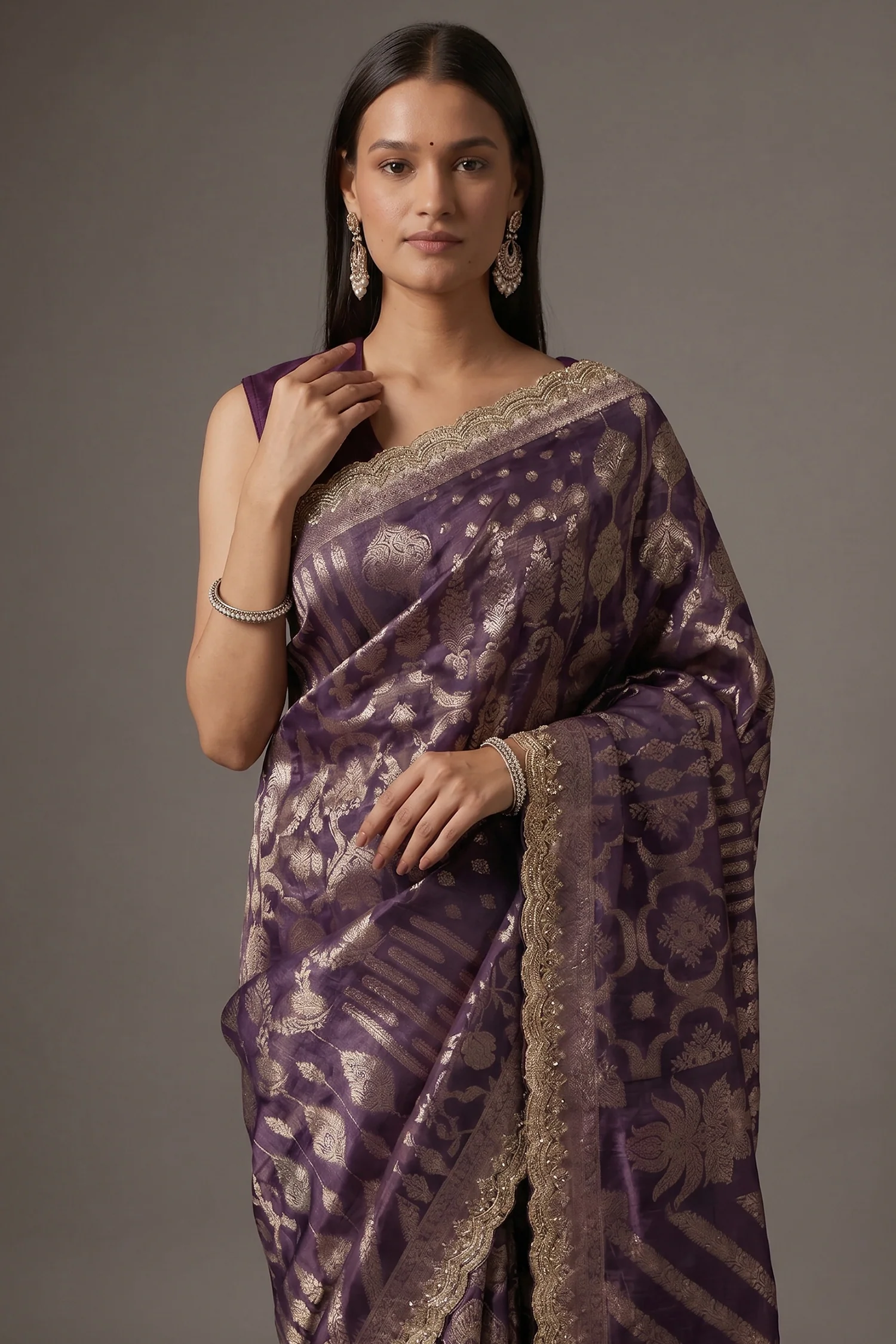 Purple Tissue Silk All Over Woven Saree with Scallop Cutdana Applique Border - Image 2