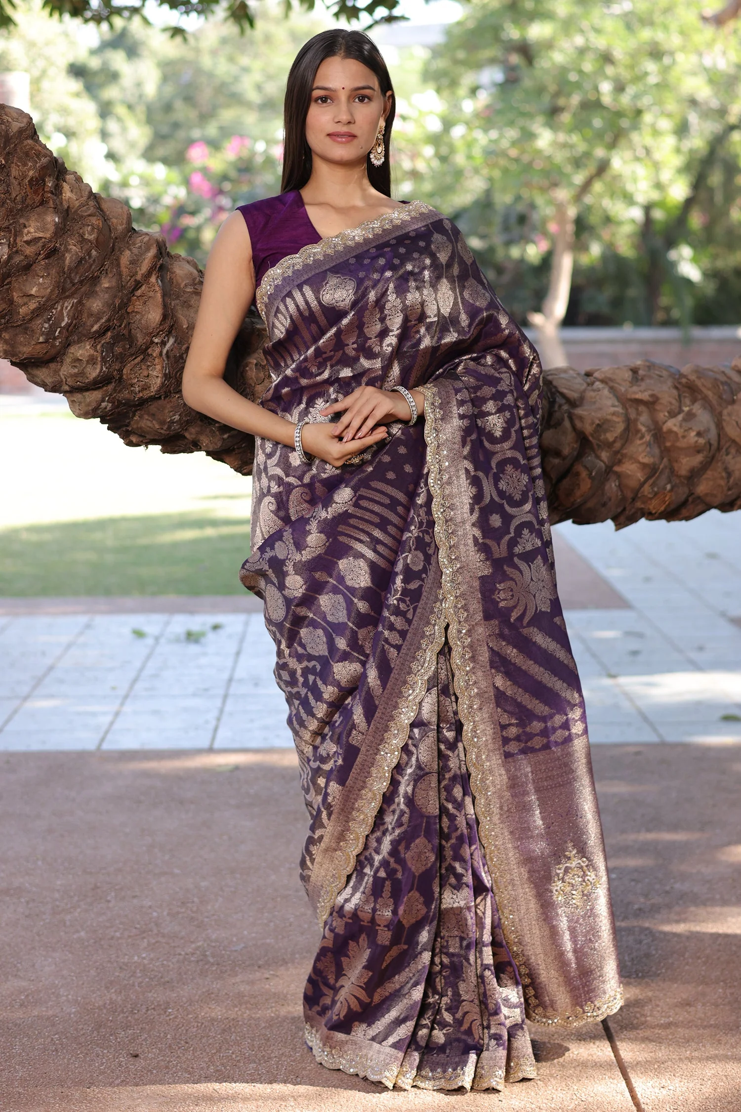 Purple Tissue Silk All Over Woven Saree with Scallop Cutdana Applique Border - Image 3