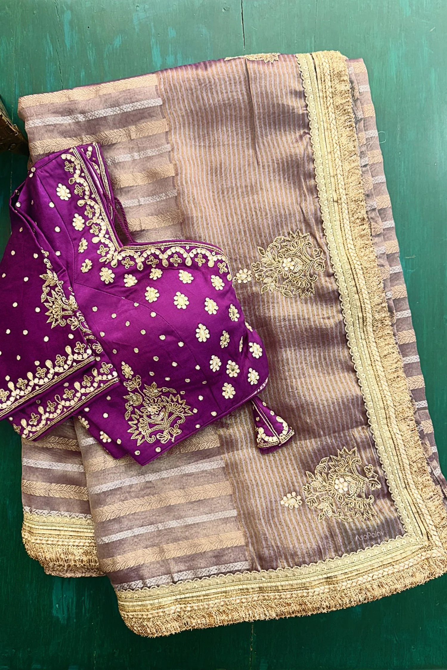 Purple Tissue Woven Saree with Lace Work - Image 2
