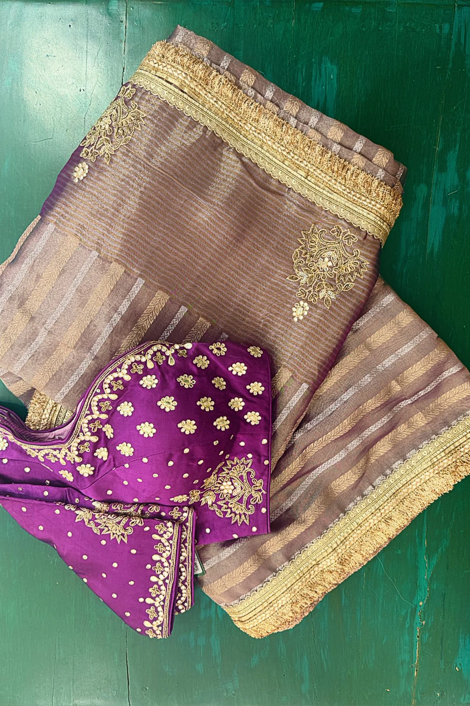 Purple Tissue Woven Saree with Lace Work - Image 3