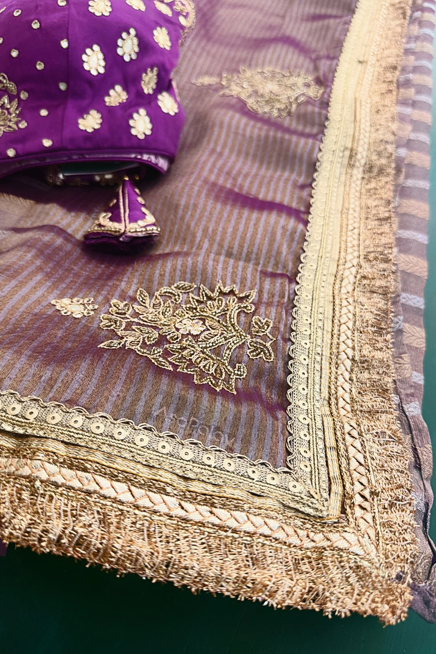 Purple Tissue Woven Saree with Lace Work - Image 6