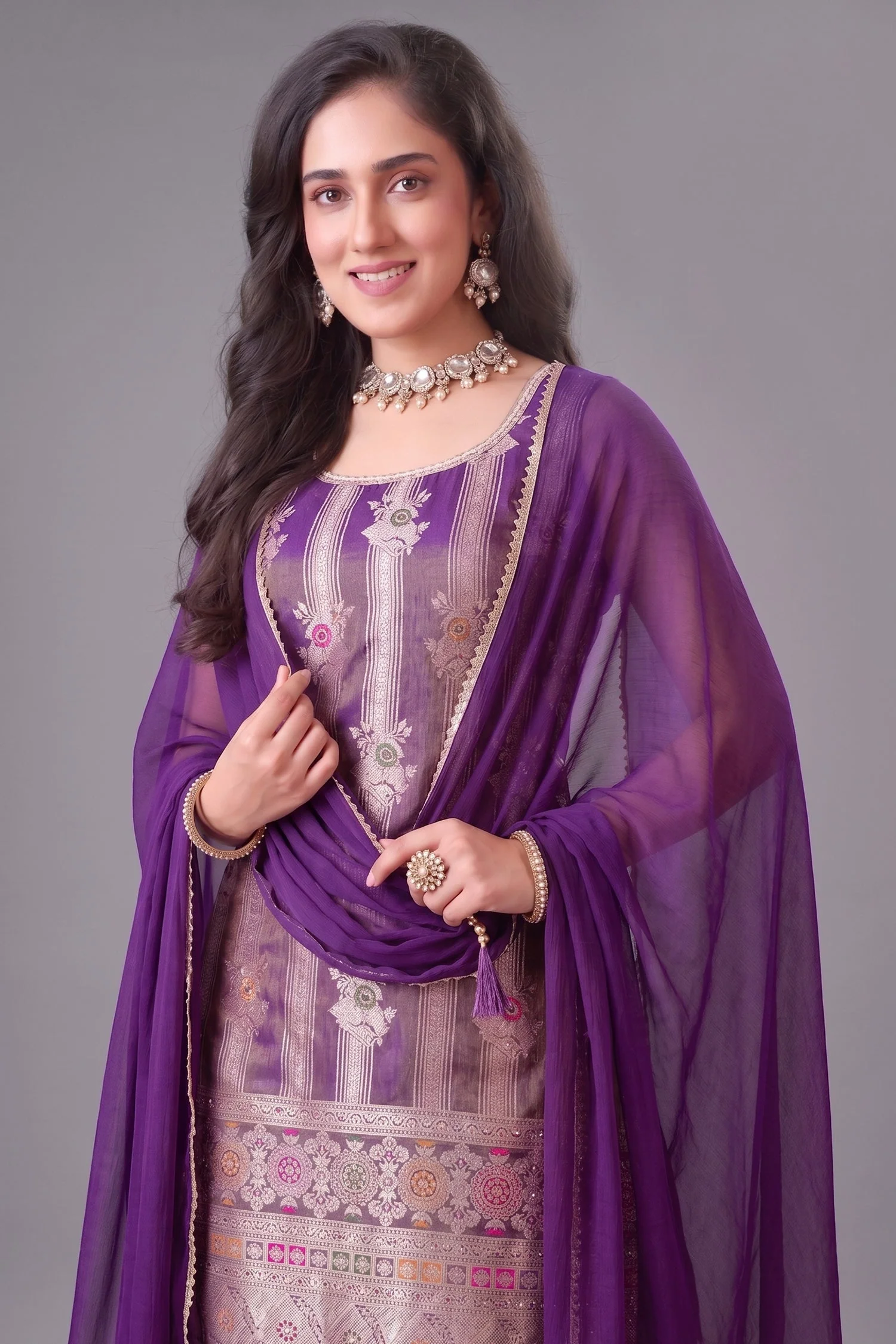 Purple Tissue Woven Straight Cut Palazzo Suit - Image 2