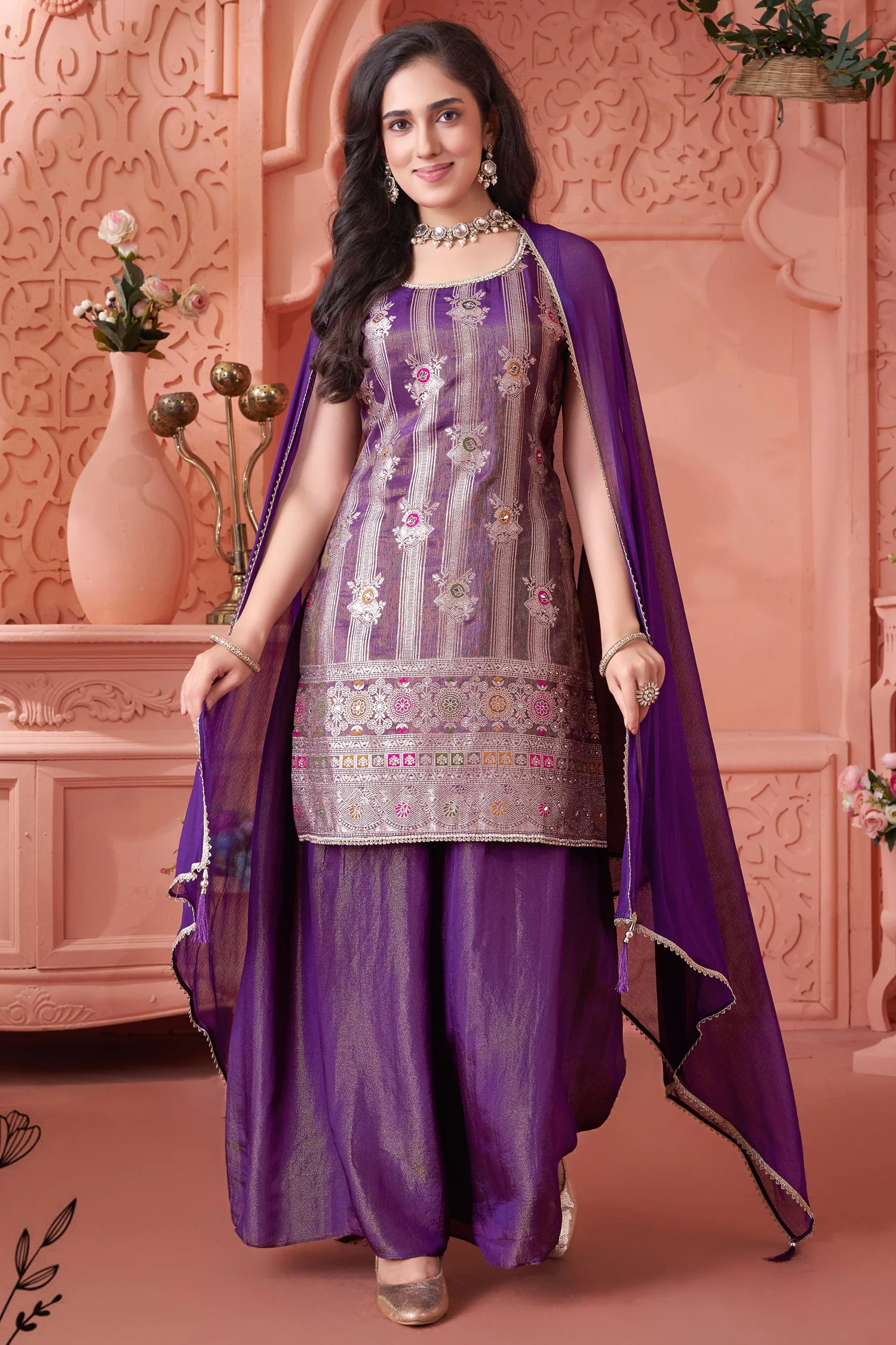 Purple Tissue Woven Straight Cut Palazzo Suit - Image 3