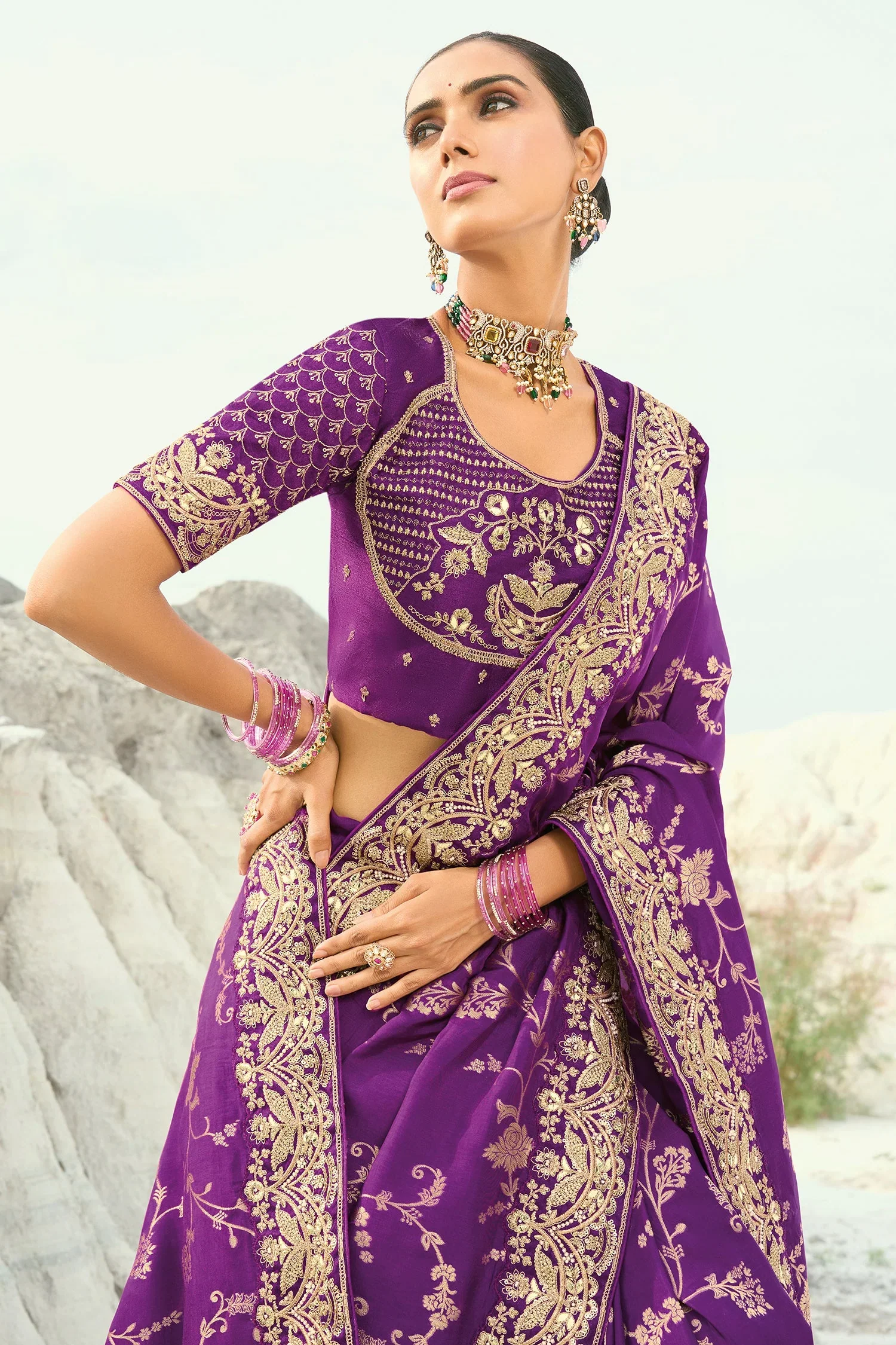 Purple Viscose Woven Saree with Embroidery Border - Image 3