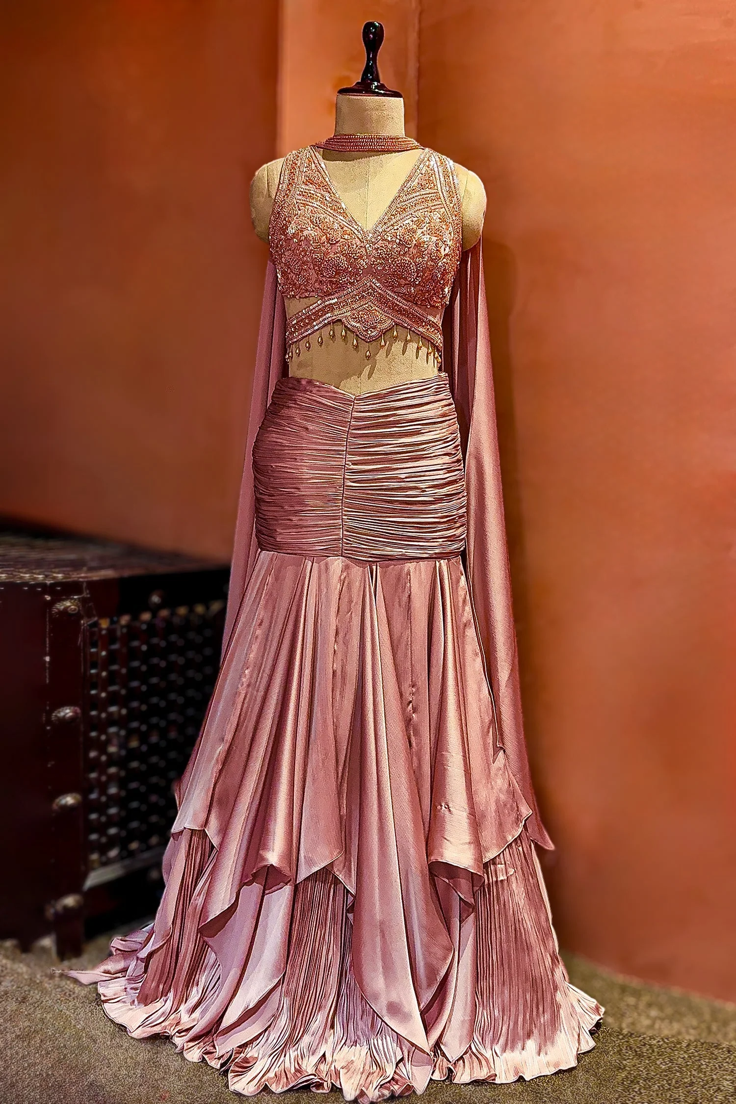 Radiant Blush Fish-Cut Lehenga with Crystal Embellished Choli - Image 3