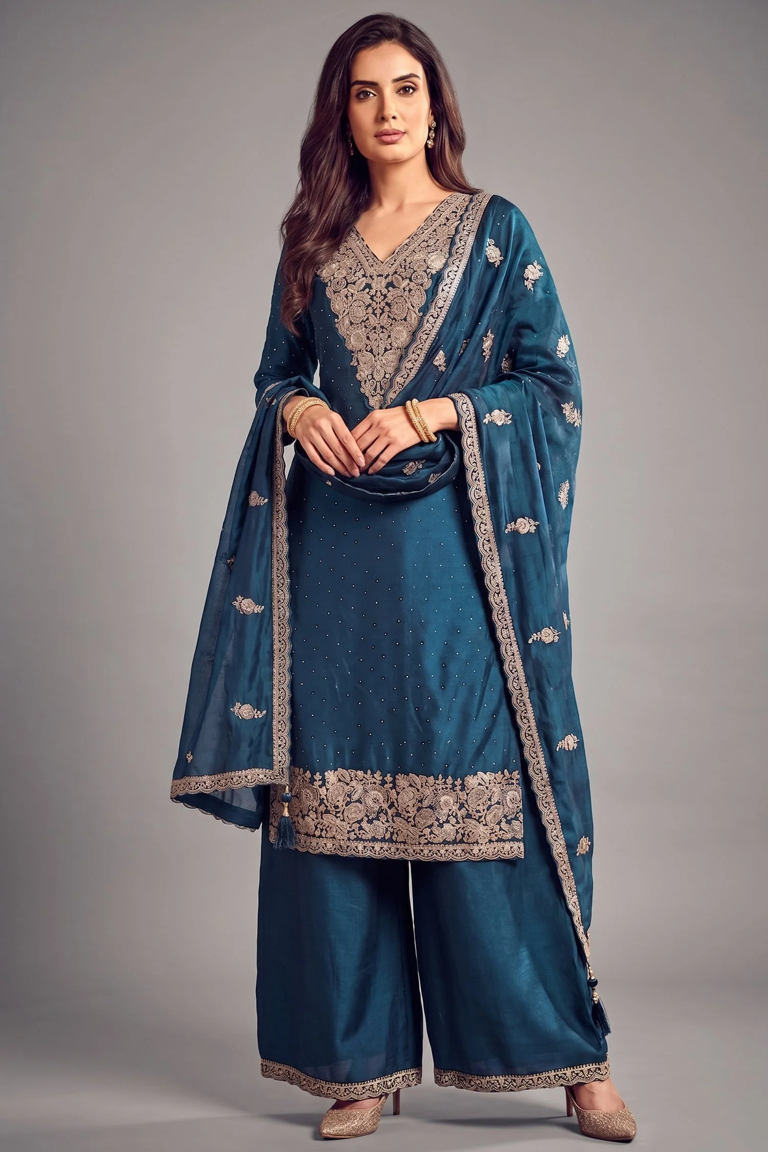 Rama Blue Art Silk Embroidered Palazzo Suit