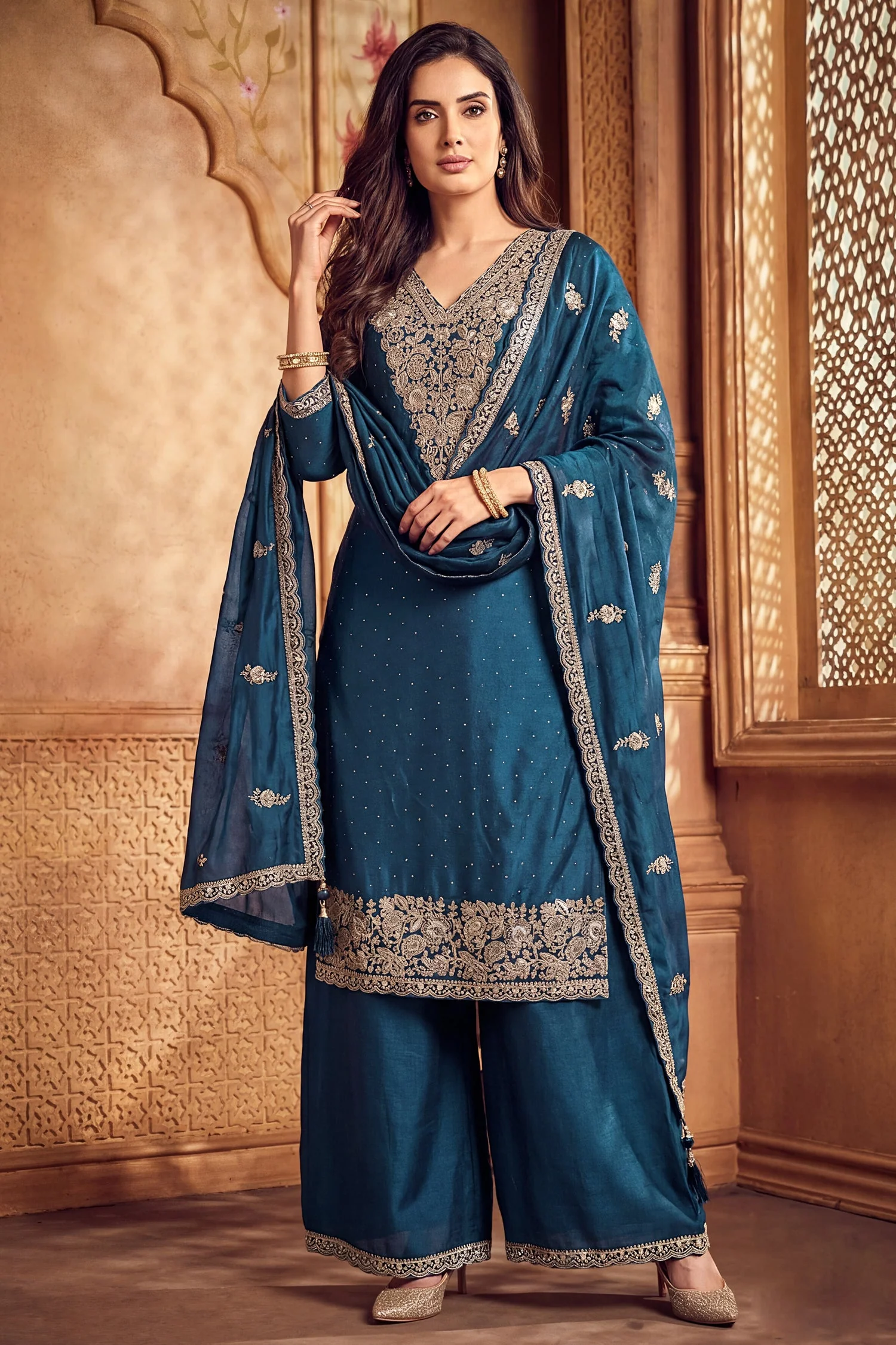 Rama Blue Art Silk Embroidered Palazzo Suit - Image 3