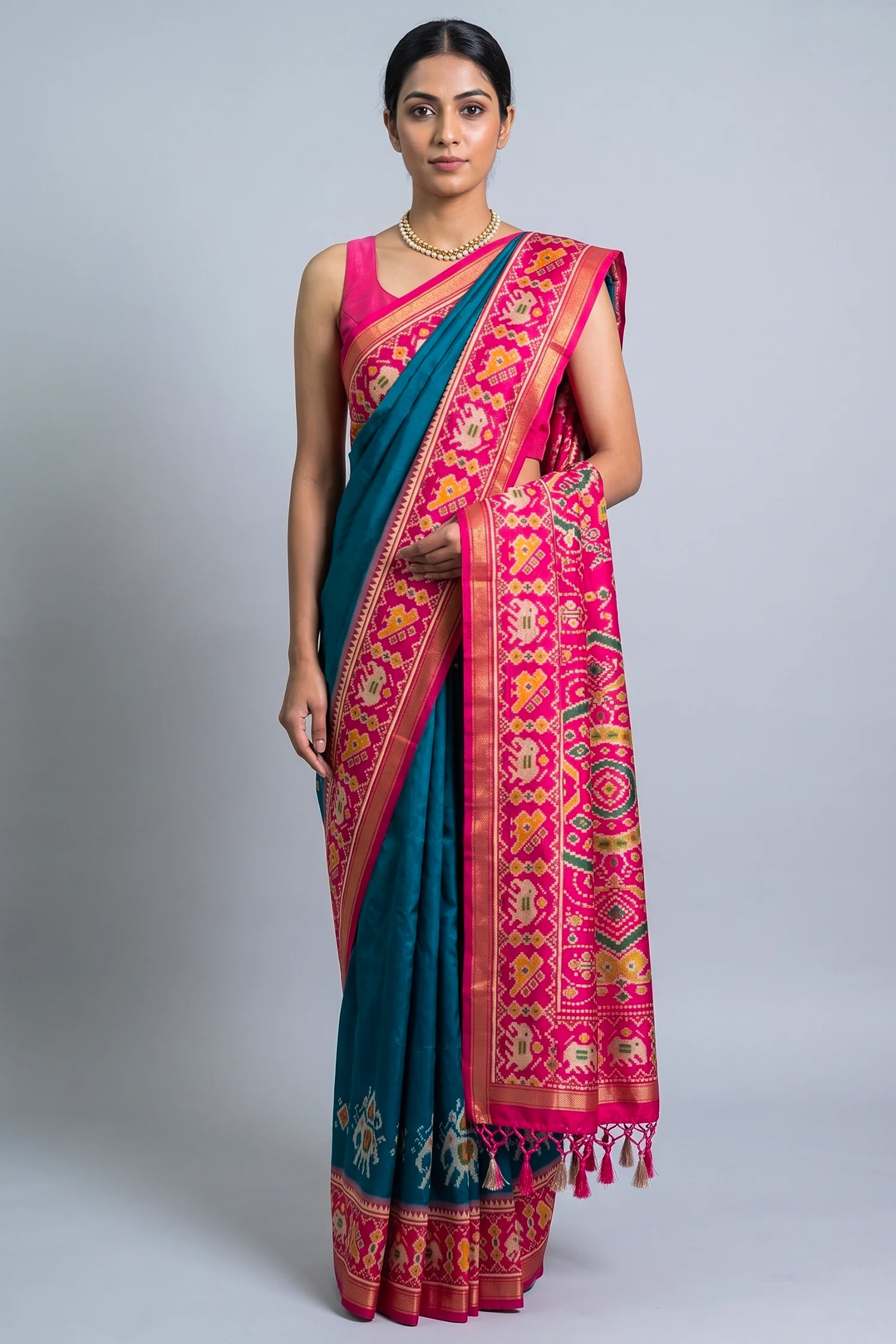 Rama Blue Art Silk Saree with Patola Border and Contrast Pallu