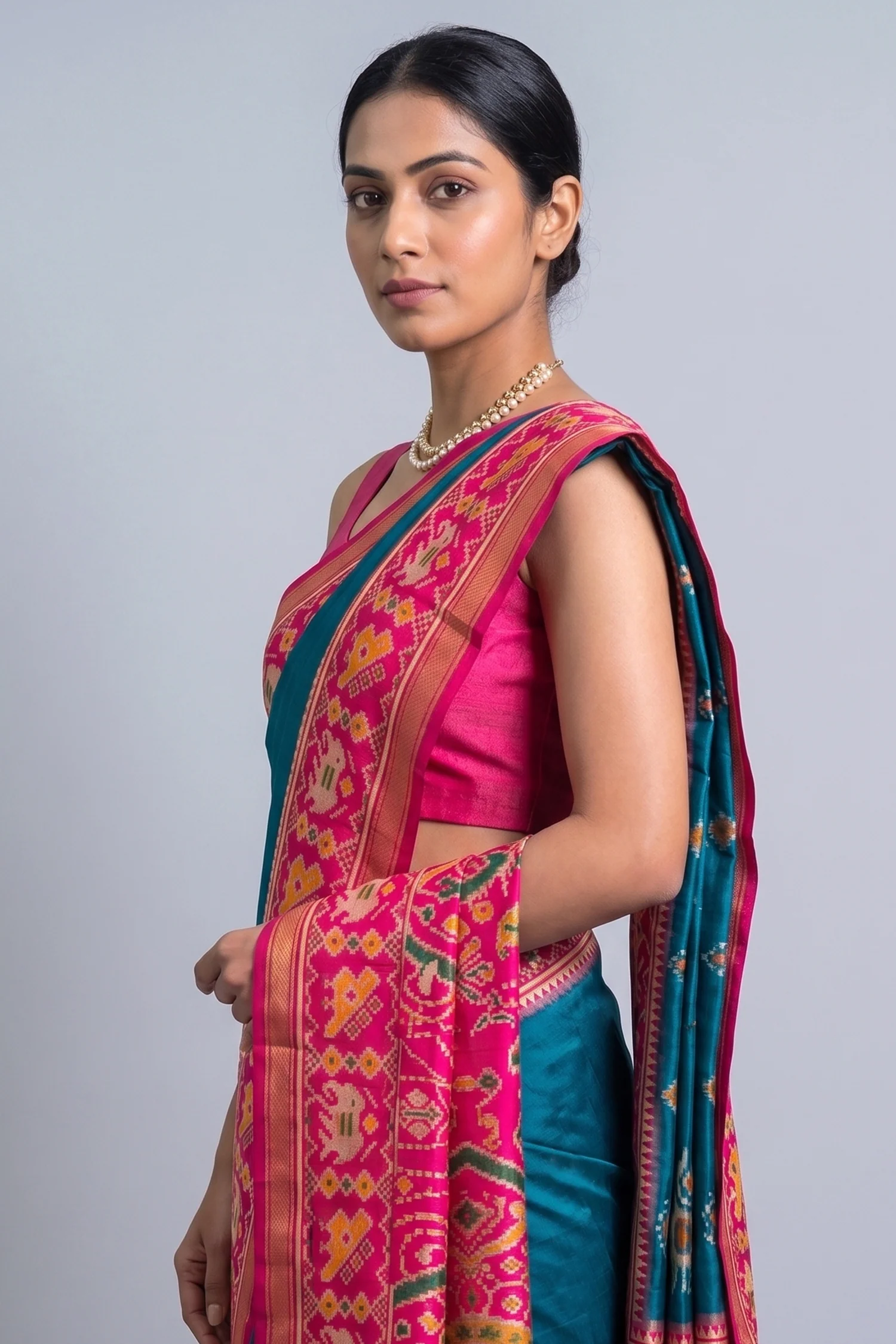 Rama Blue Art Silk Saree with Patola Border and Contrast Pallu - Image 2