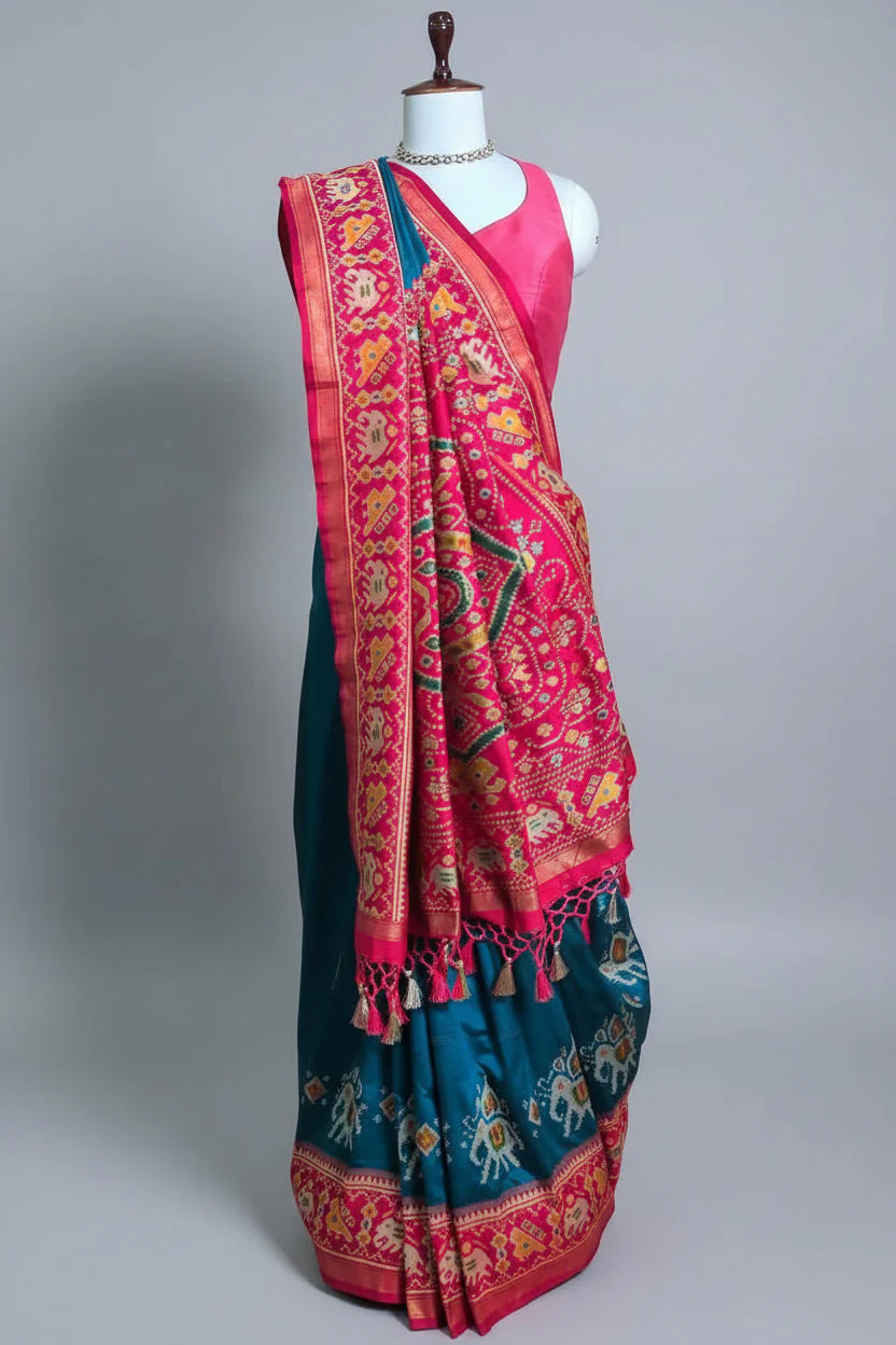 Rama Blue Art Silk Saree with Patola Border and Contrast Pallu - Image 3