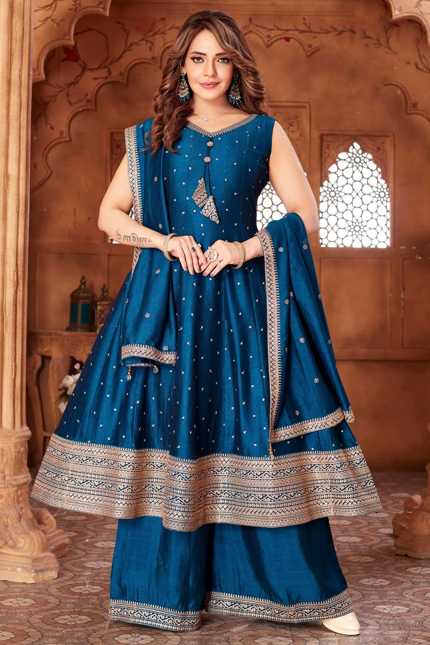 Rama Blue Art Silk Sequin Embroidery Anarkali Palazzo Suit - Image 3