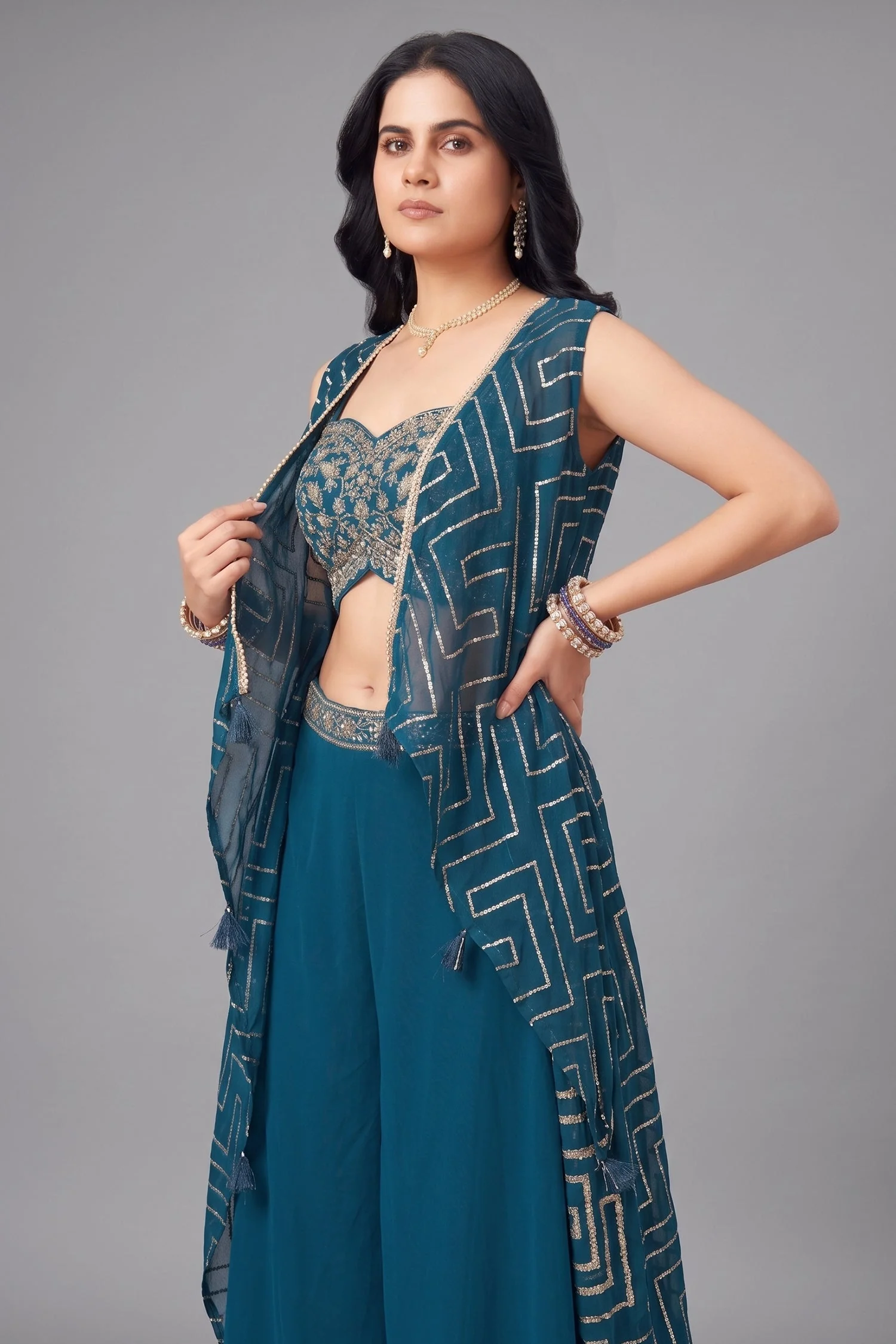 Rama Blue Chinon Silk Crop Top Palazzo Set with Jacket - Image 2