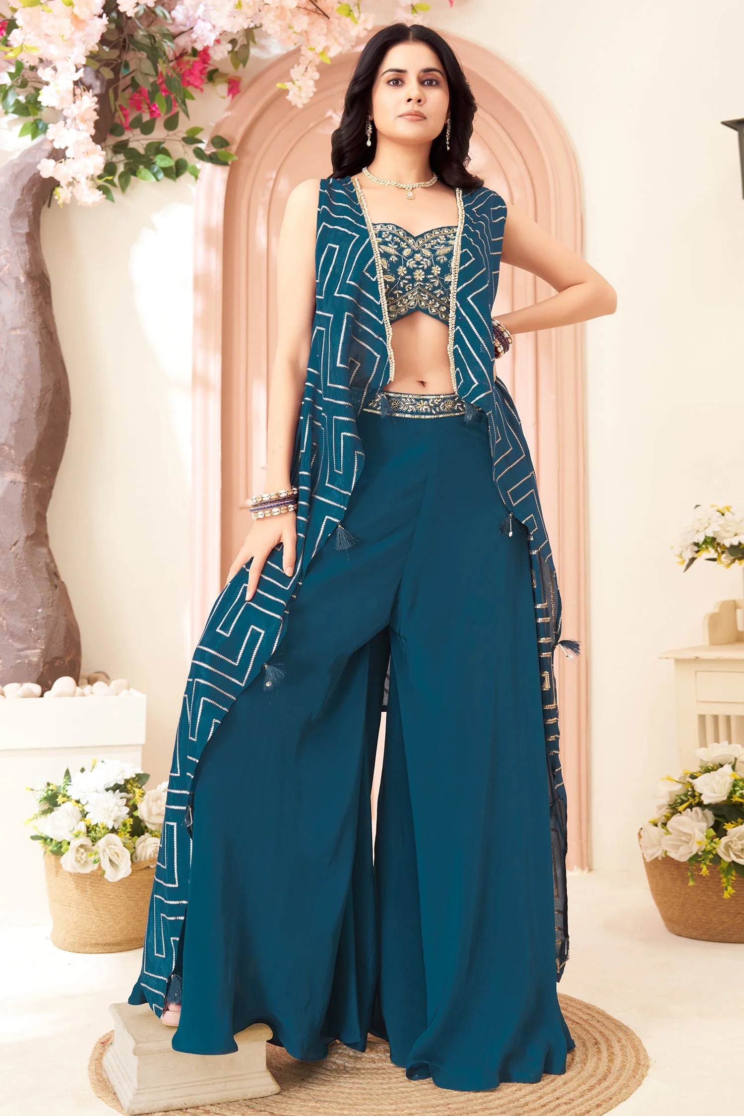 Rama Blue Chinon Silk Crop Top Palazzo Set with Jacket - Image 3