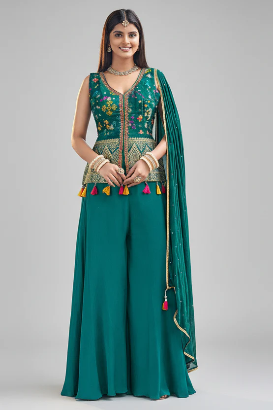 Rama Blue Georgette Patola Design Palazzo Suit with Weaving