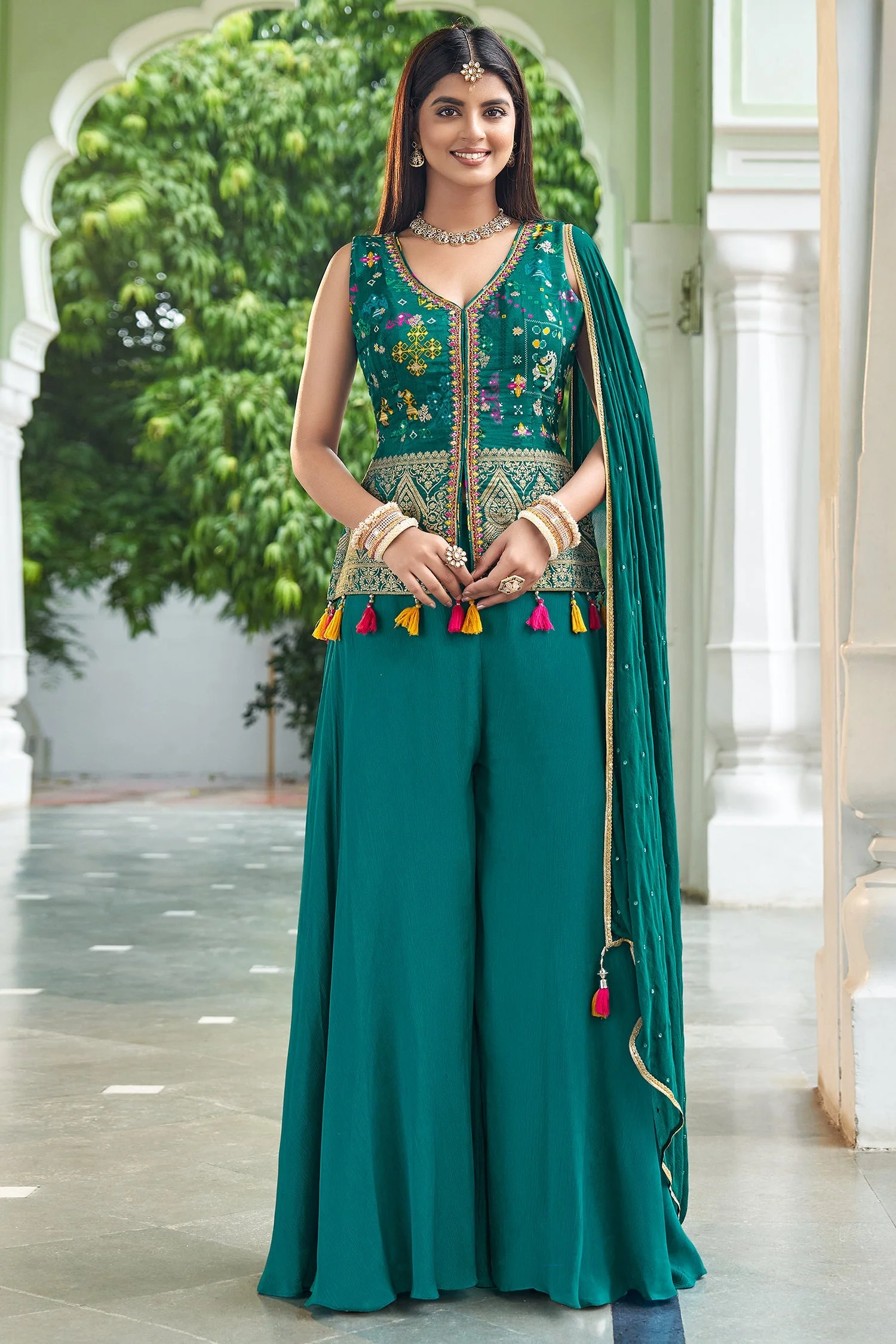 Rama Blue Georgette Patola Design Palazzo Suit with Weaving - Image 2