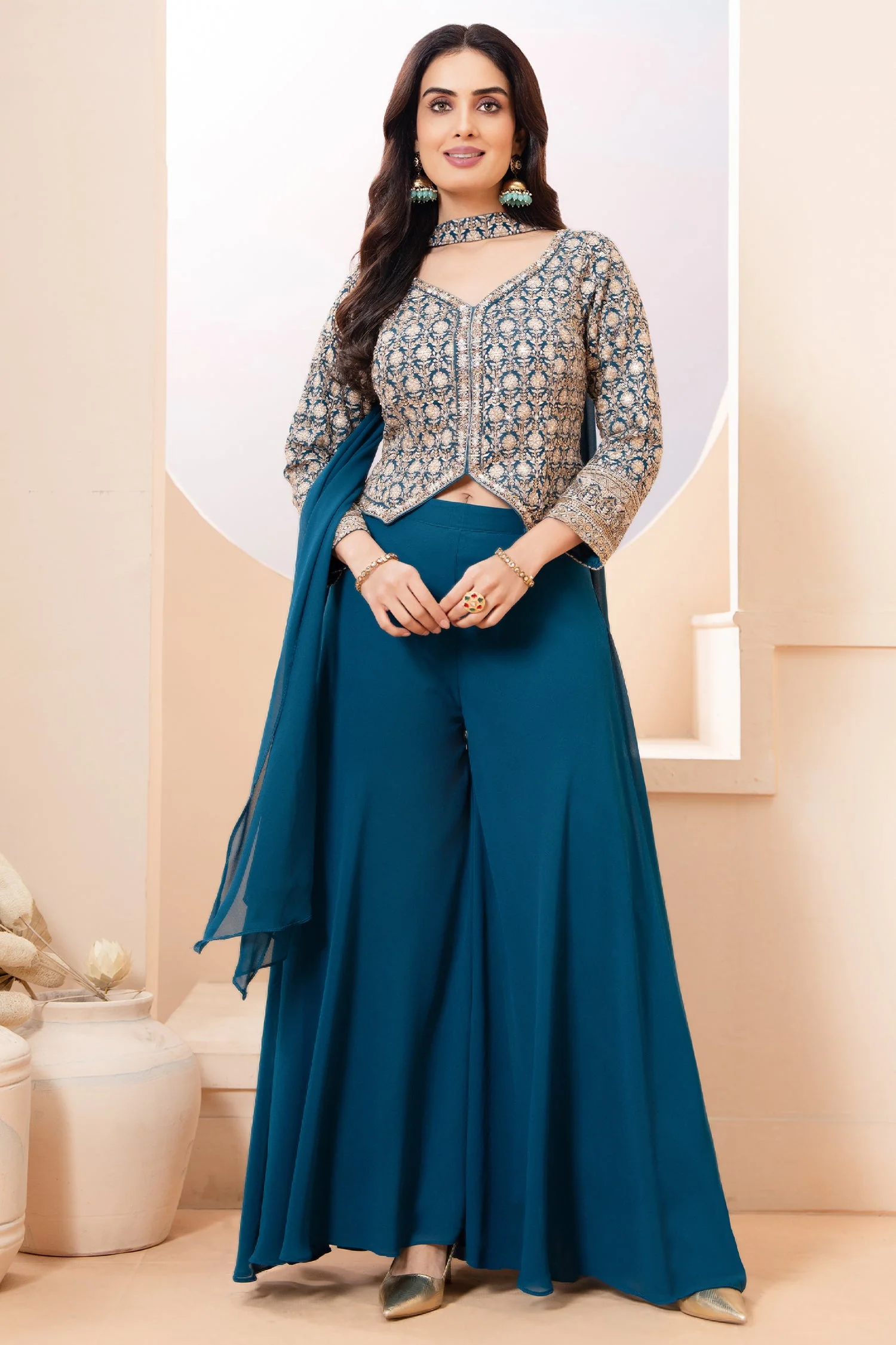 Rama Blue Georgette Sequin Embroidered Palazzo Suit - Image 2