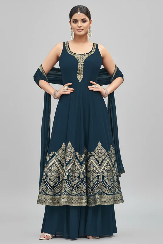 Rama Blue Georgette Woven Anarkali Palazzo Suit