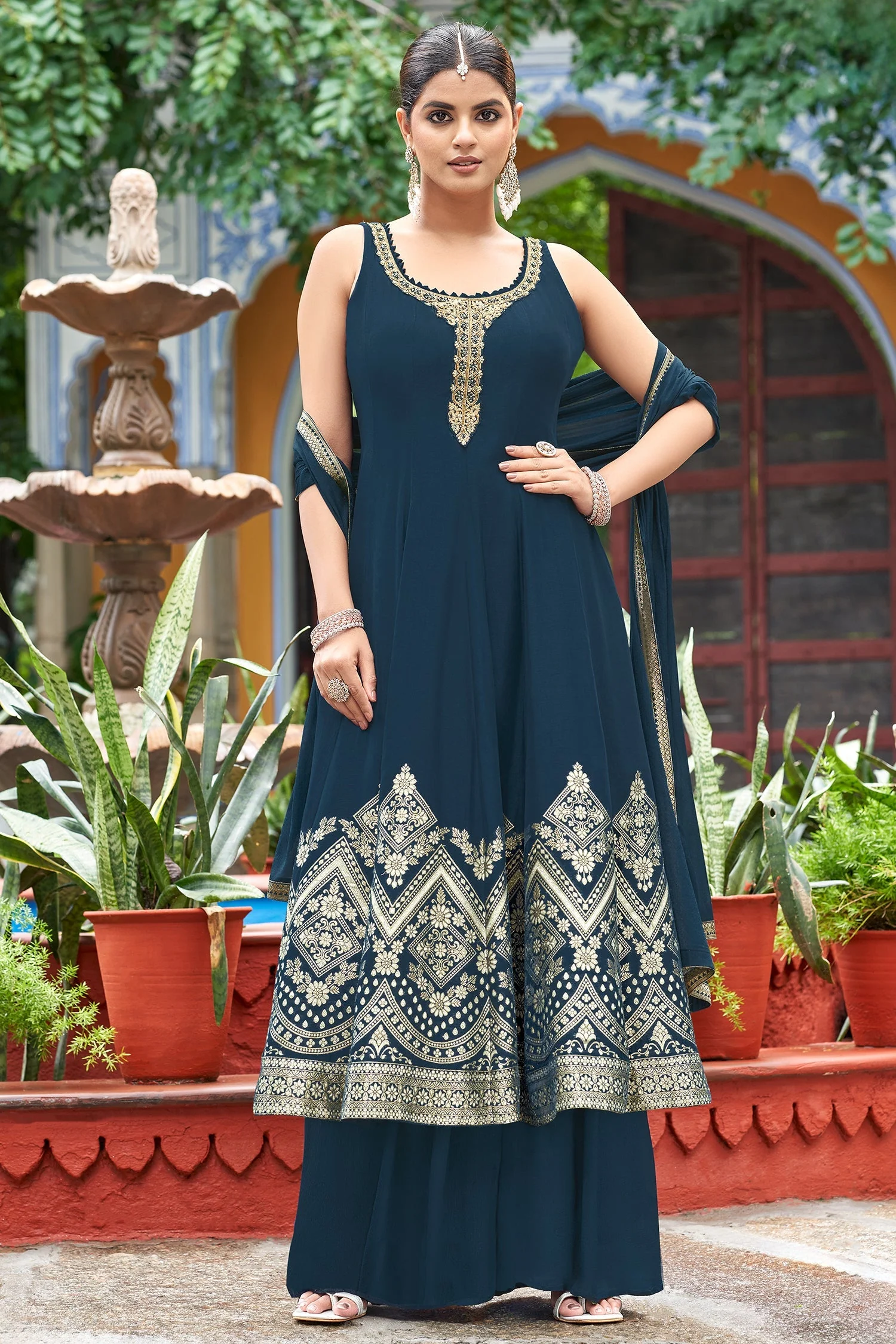 Rama Blue Georgette Woven Anarkali Palazzo Suit - Image 2
