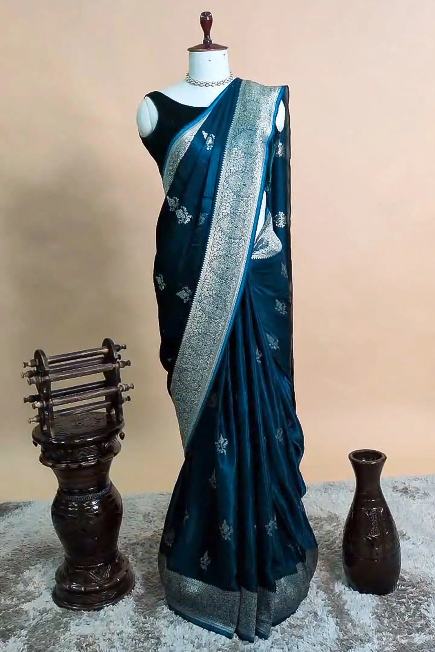 Rama Blue Modal Silk Woven Saree - Image 4