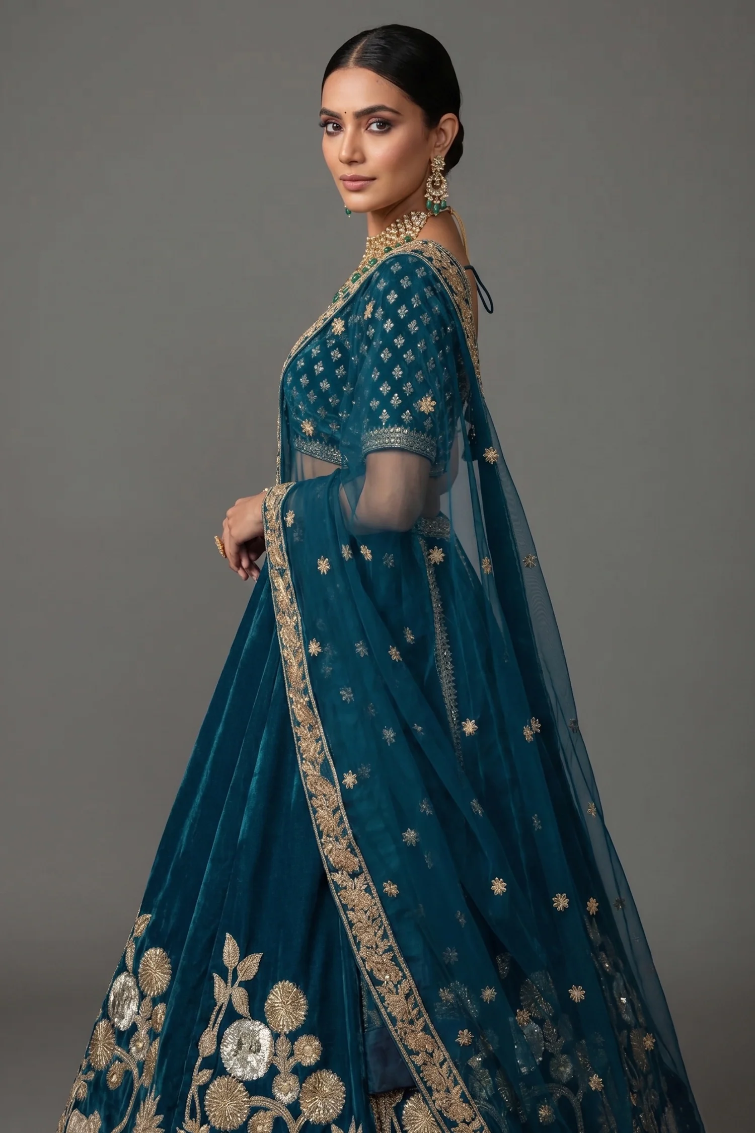 Rama Blue Organza Sequins and Zardosi Worked Lehenga - Image 2