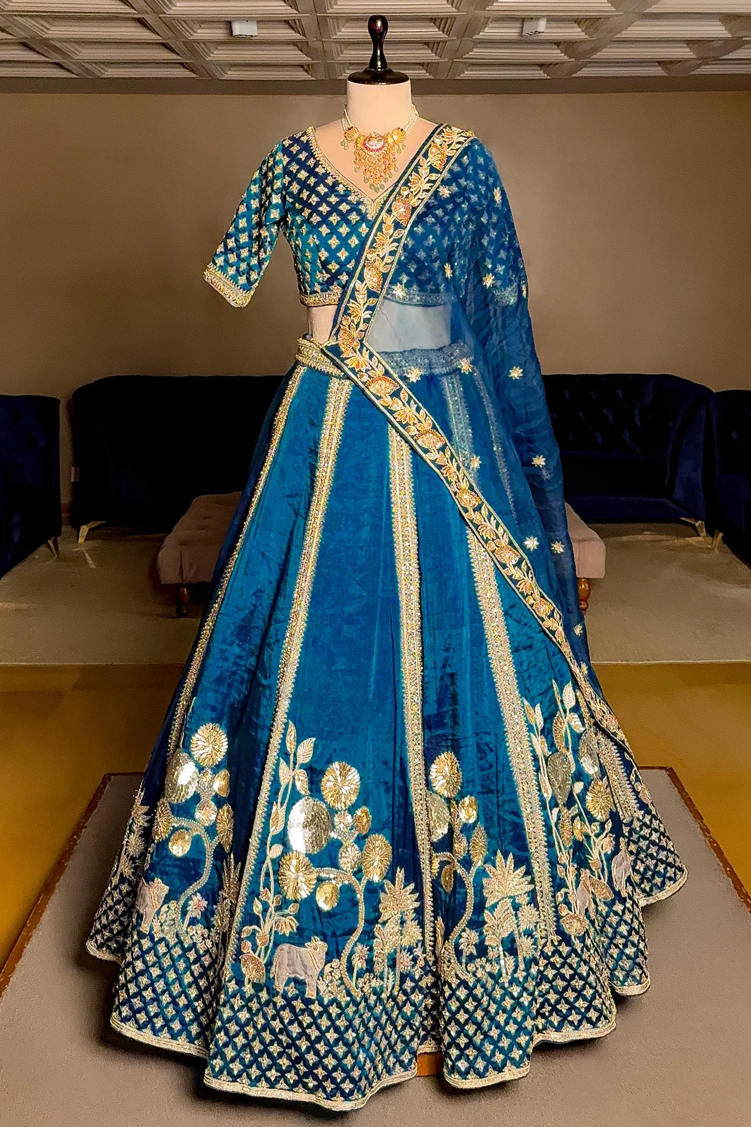 Rama Blue Organza Sequins and Zardosi Worked Lehenga - Image 3