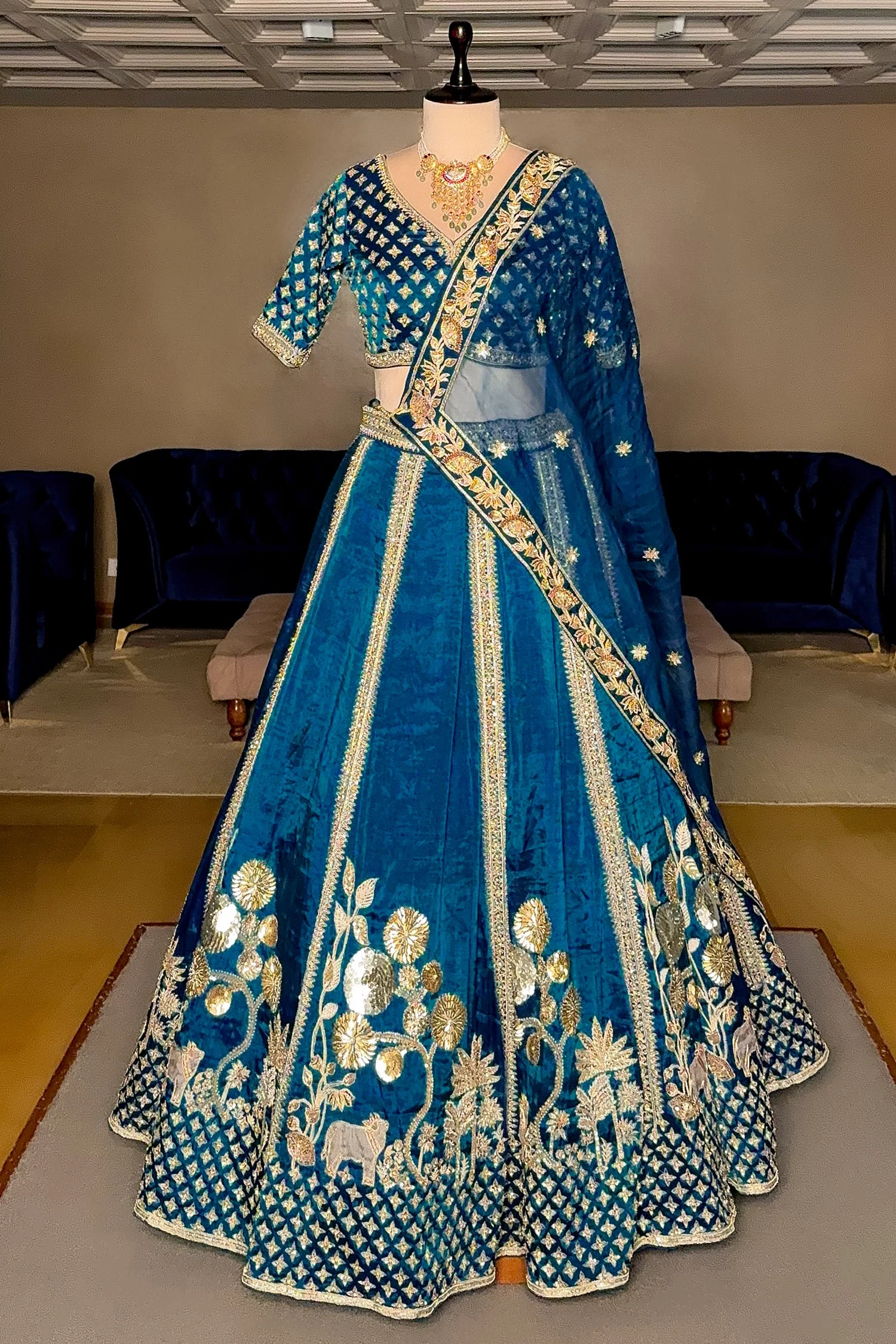 Rama Blue Organza Sequins and Zardosi Worked Lehenga - Image 4