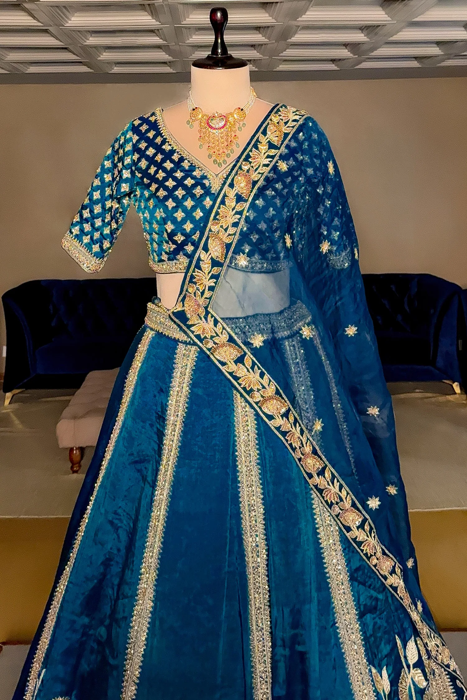 Rama Blue Organza Sequins and Zardosi Worked Lehenga - Image 5
