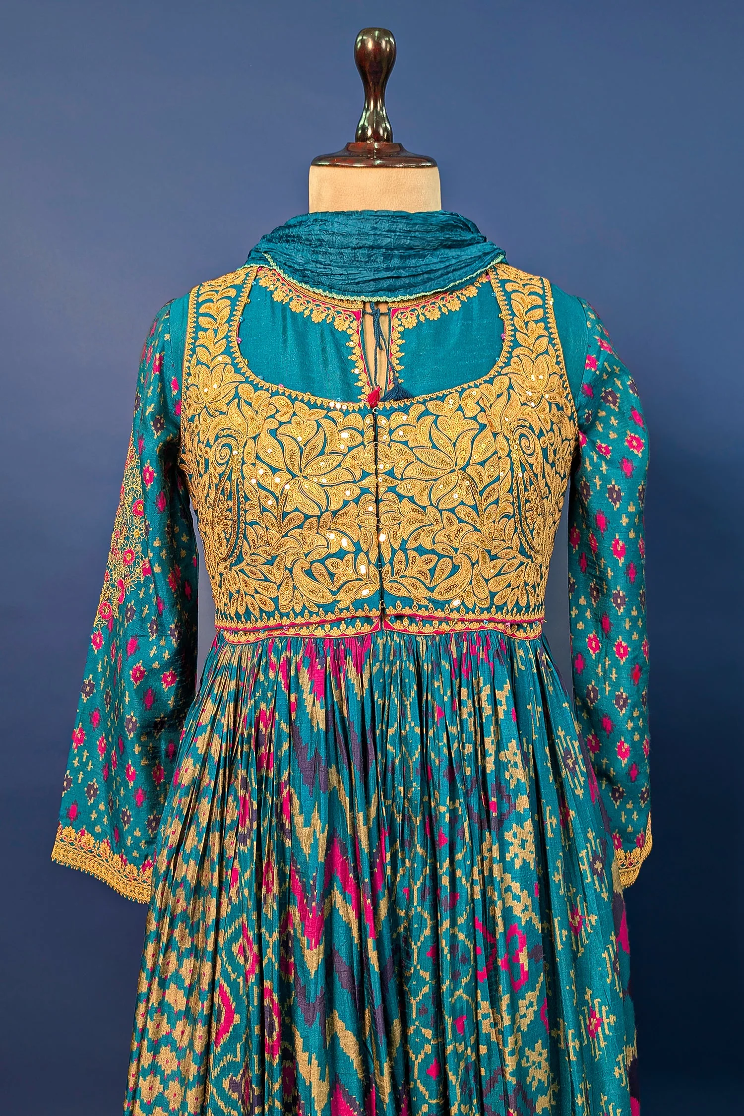 Rama Blue Silk Printed Anarkali Suit with Sequin Embroidery Work - Image 5