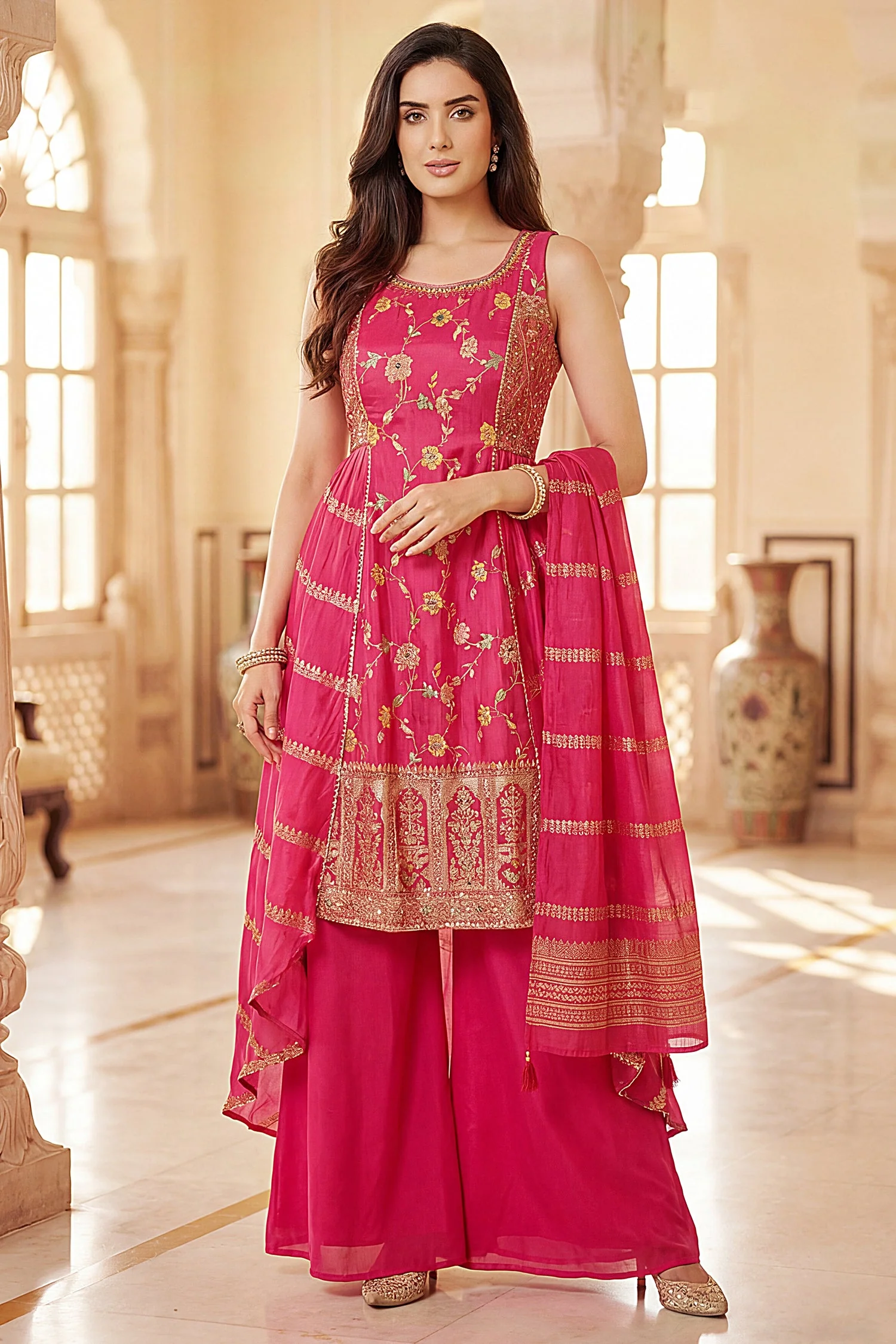 Rani Chinon Silk Floral Embroidered Palazzo Suit - Image 3
