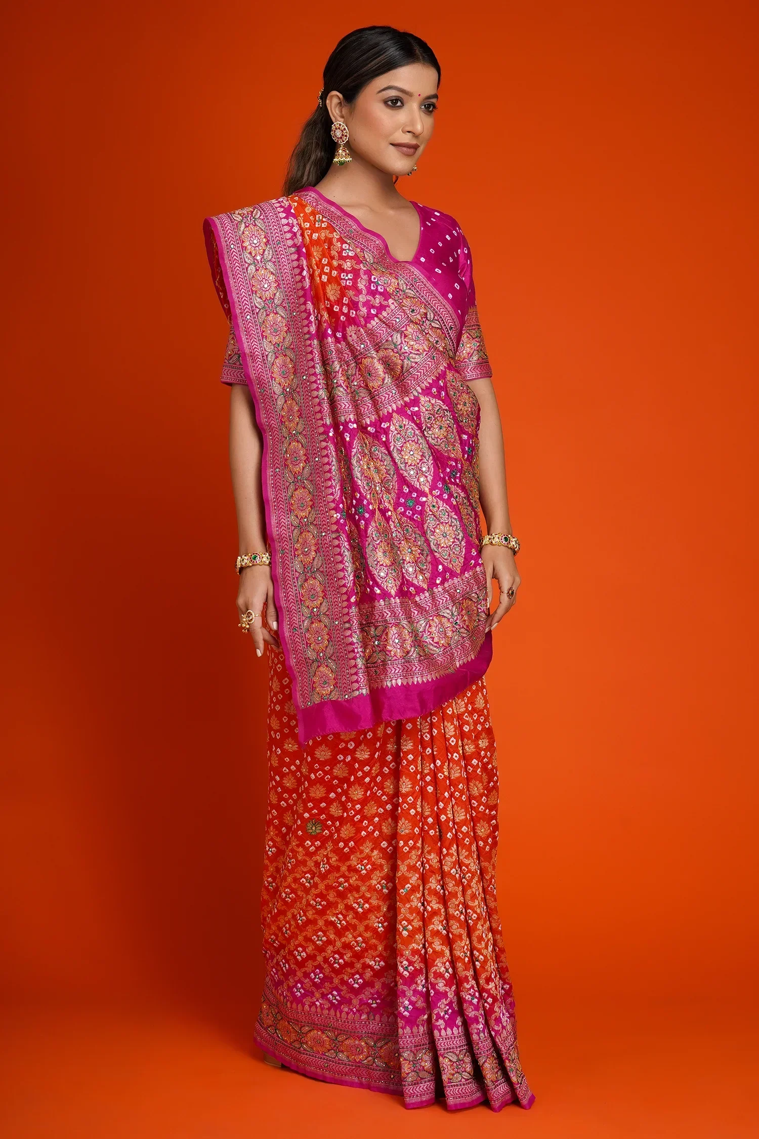 Rani Pink and Orange Bandhej Print Saree in Silk with Contrast Embroidery - Image 2