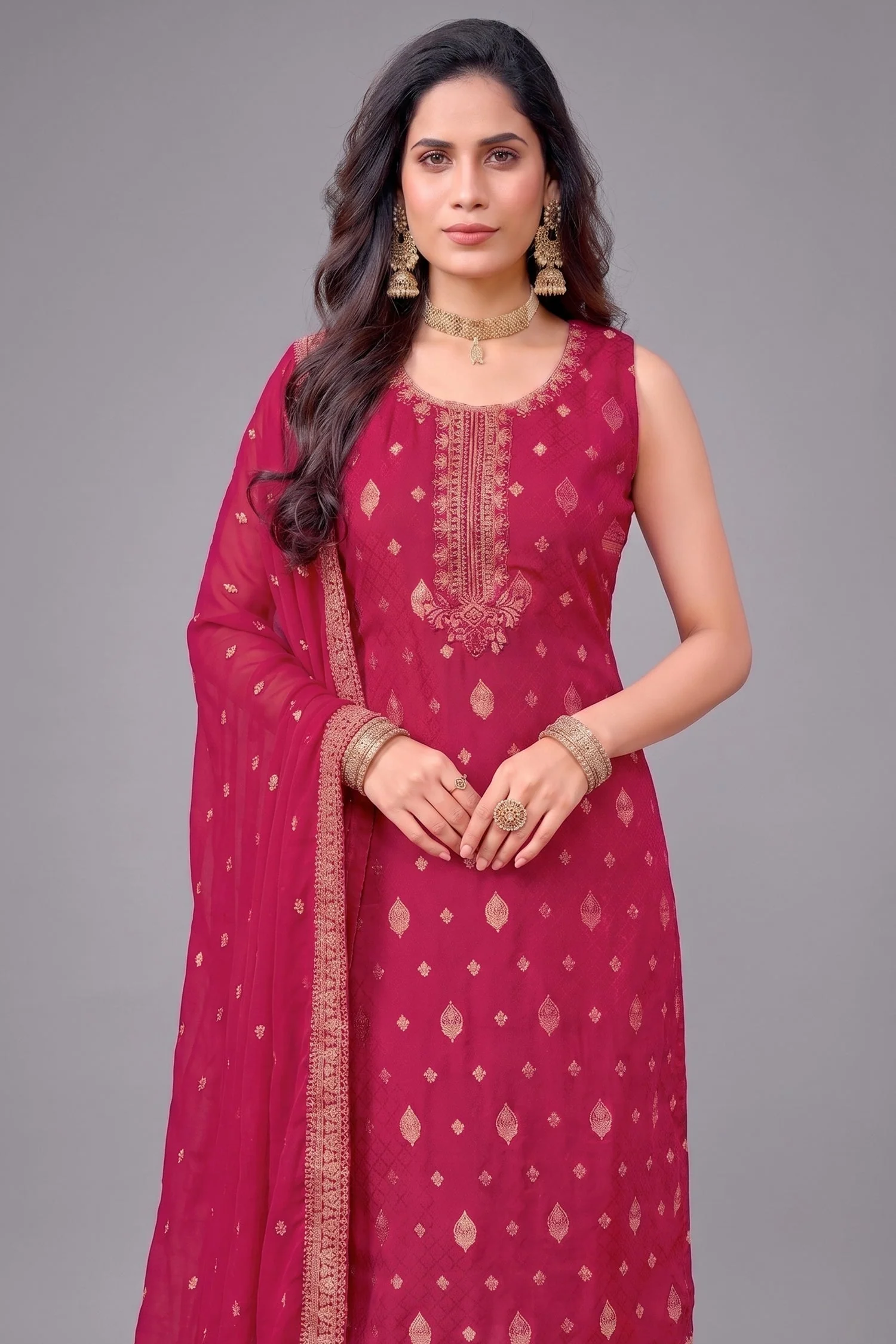 Rani Pink Art Silk Woven Straight Cut Suit with Embroidery - Image 2