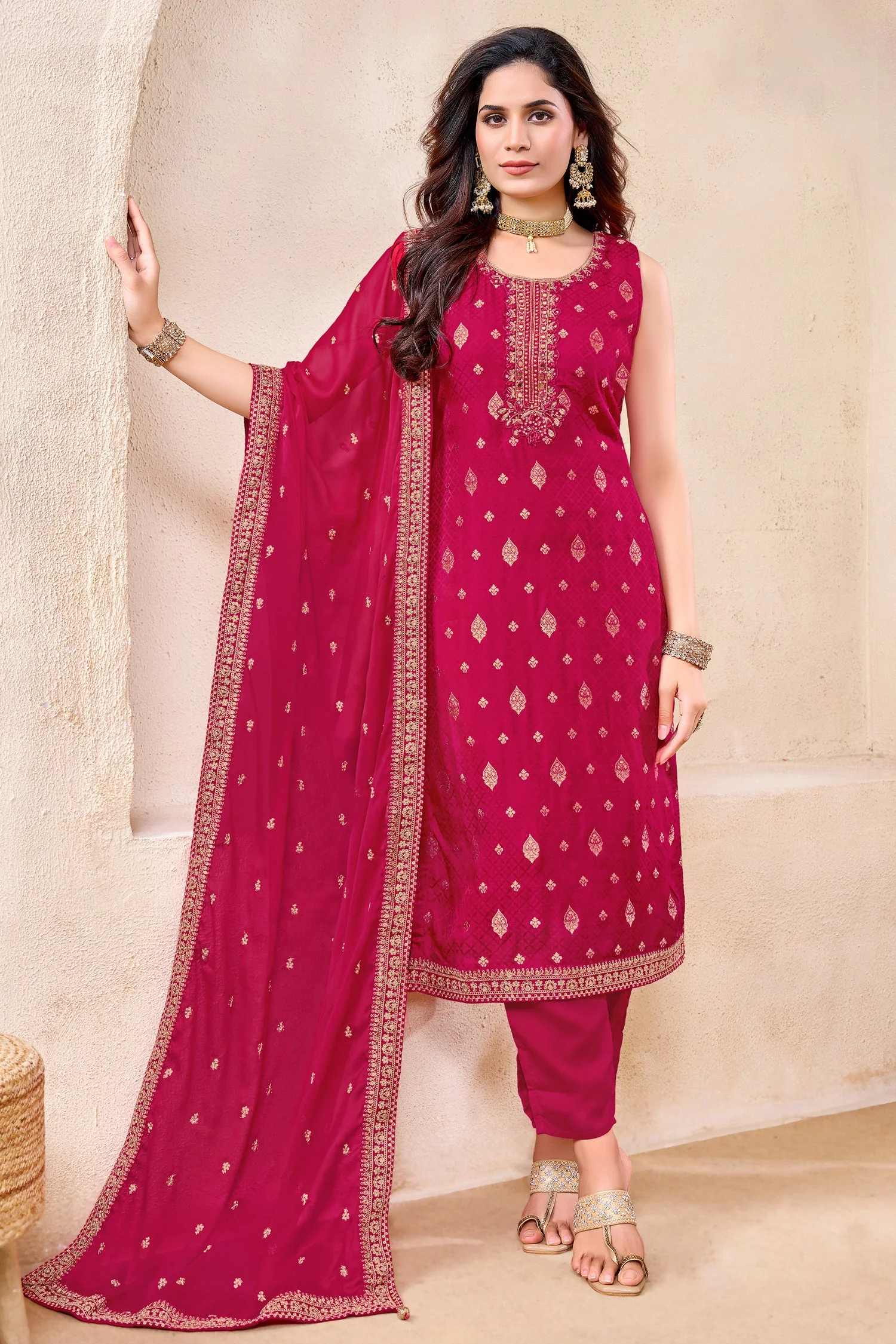 Rani Pink Art Silk Woven Straight Cut Suit with Embroidery - Image 3