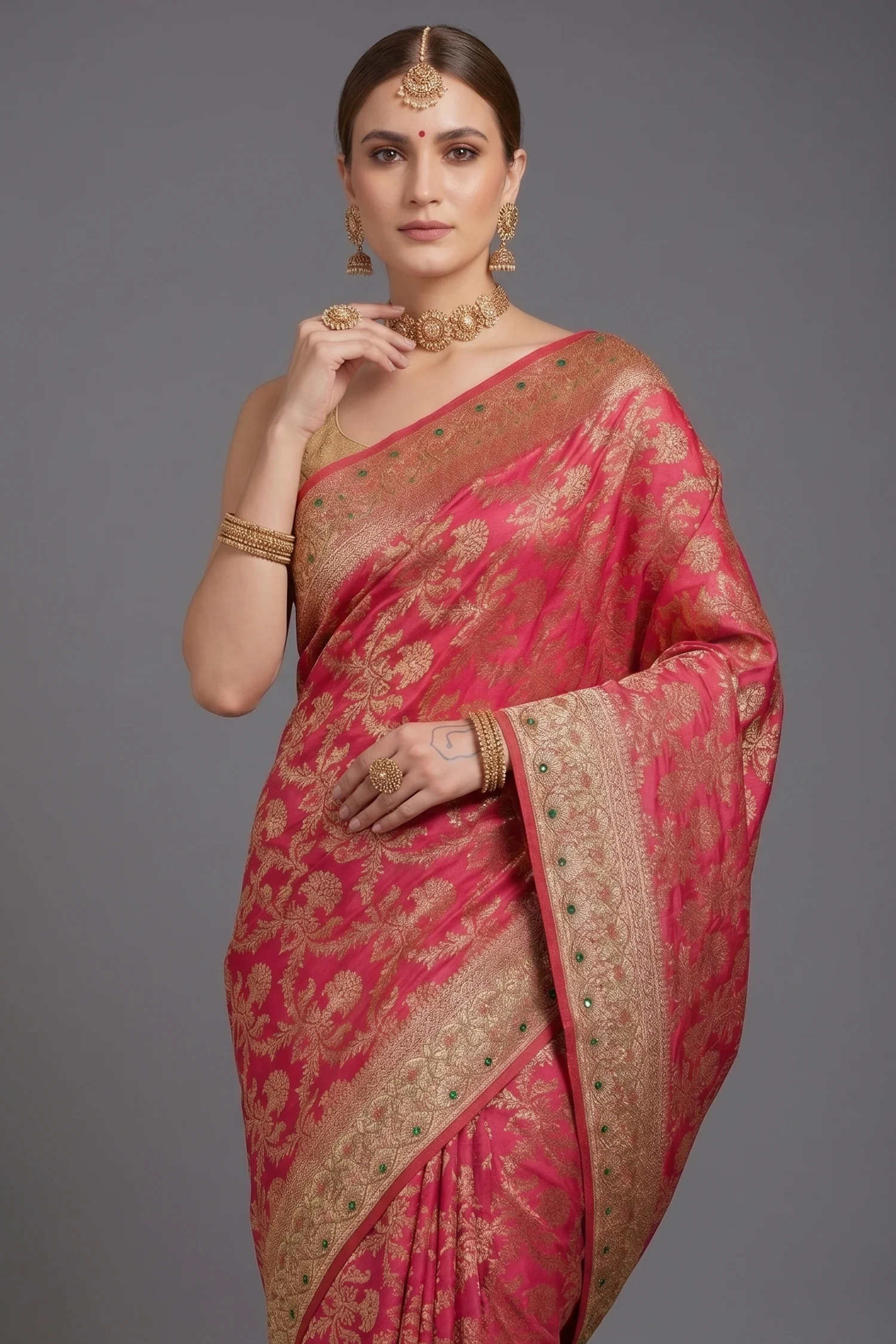 Rani Pink Banarasi Silk All Over Woven Saree with Handwork - Image 2