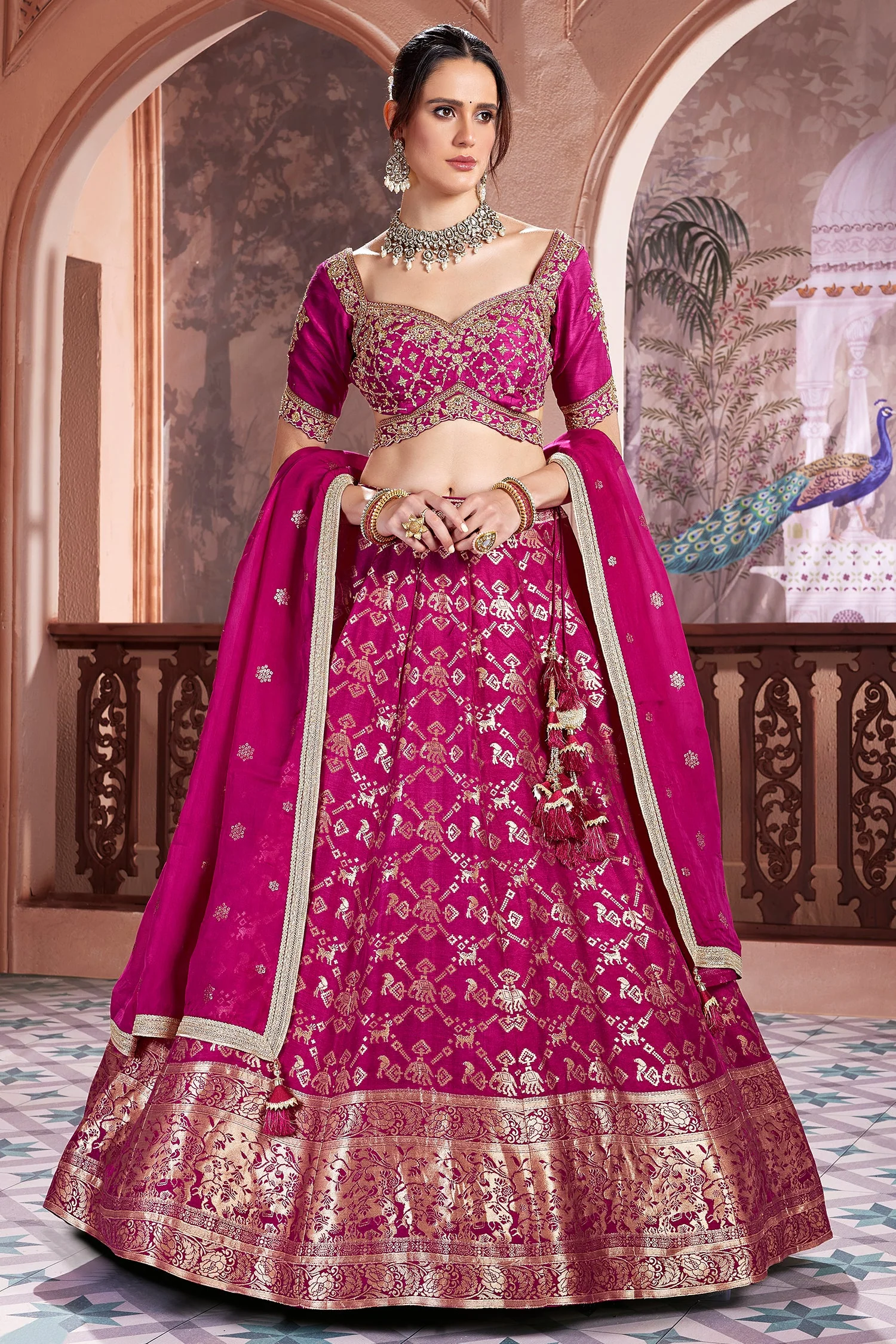Rani Pink Banarasi Silk All Over Zari Weave Lehenga - Image 3
