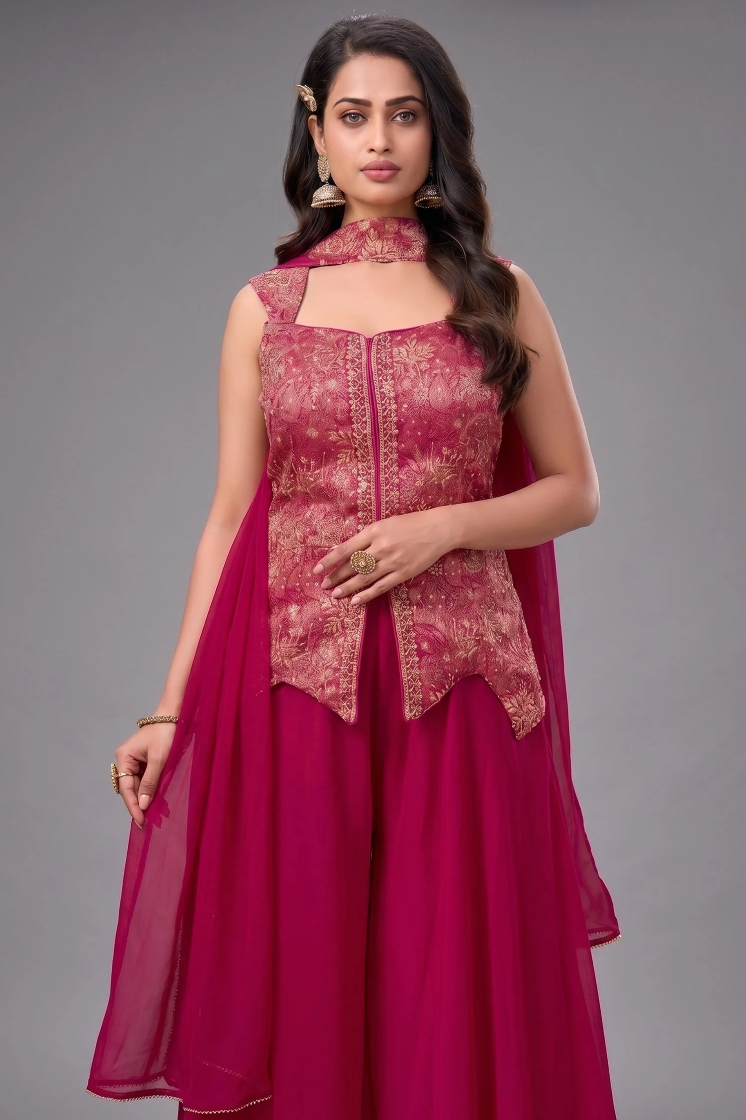 Rani Pink Brocade Woven Asymmetrical Palazzo Suit - Image 2