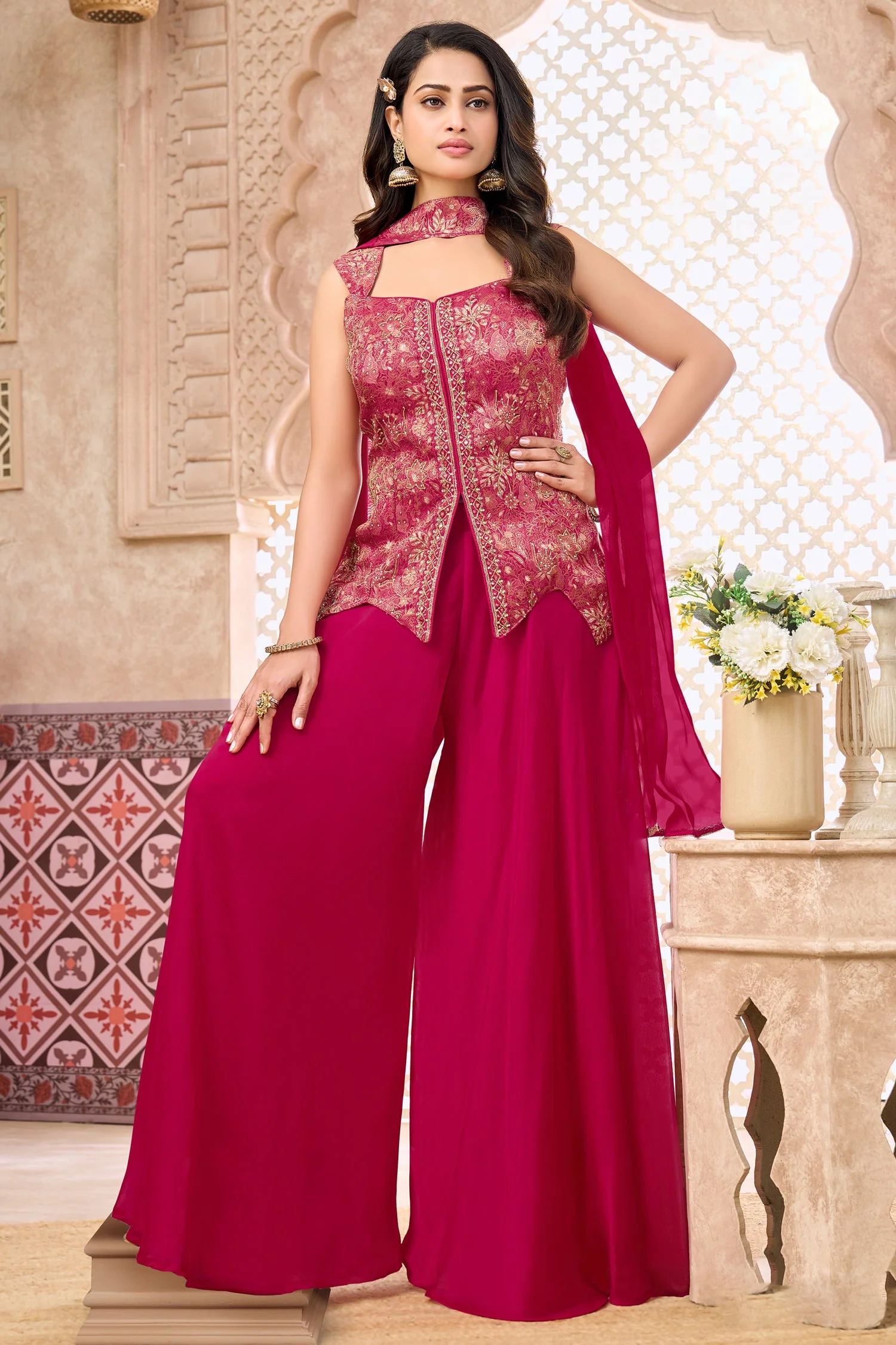 Rani Pink Brocade Woven Asymmetrical Palazzo Suit - Image 3