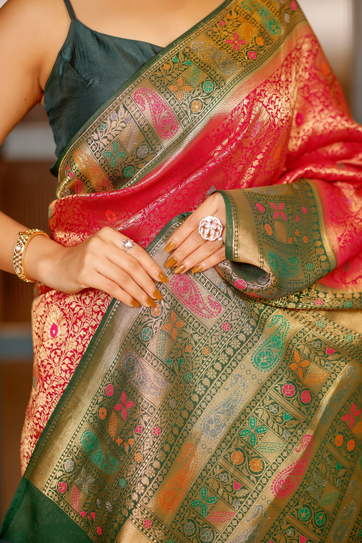 Rani Pink Dola Silk All Over Woven Saree with Contrast Border - Image 8
