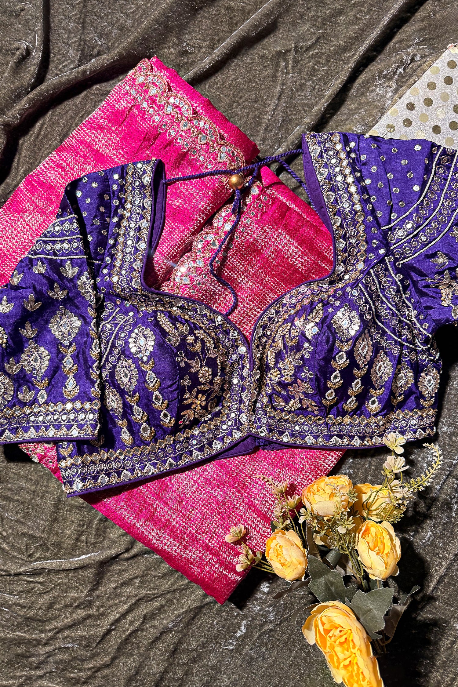 Rani Pink Dola Silk Woven Saree with Contrast Readymade Blouse - Image 3