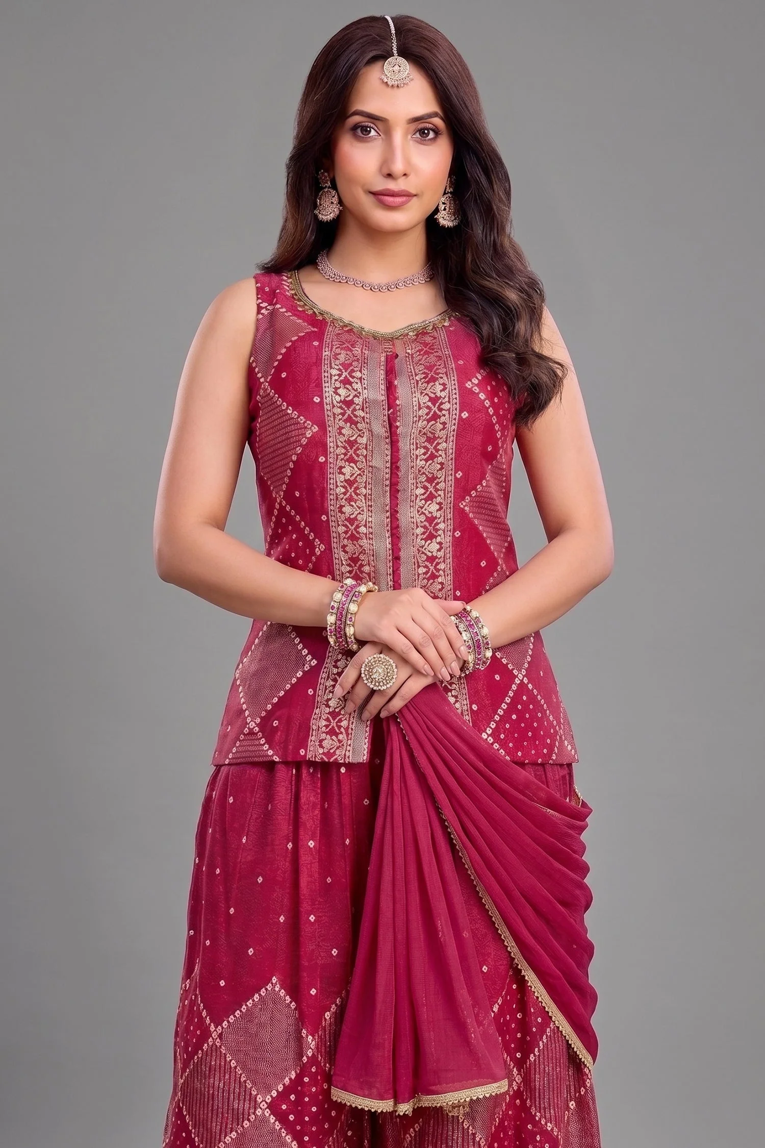 Rani Pink Georgette Woven Palazzo Suit - Image 2