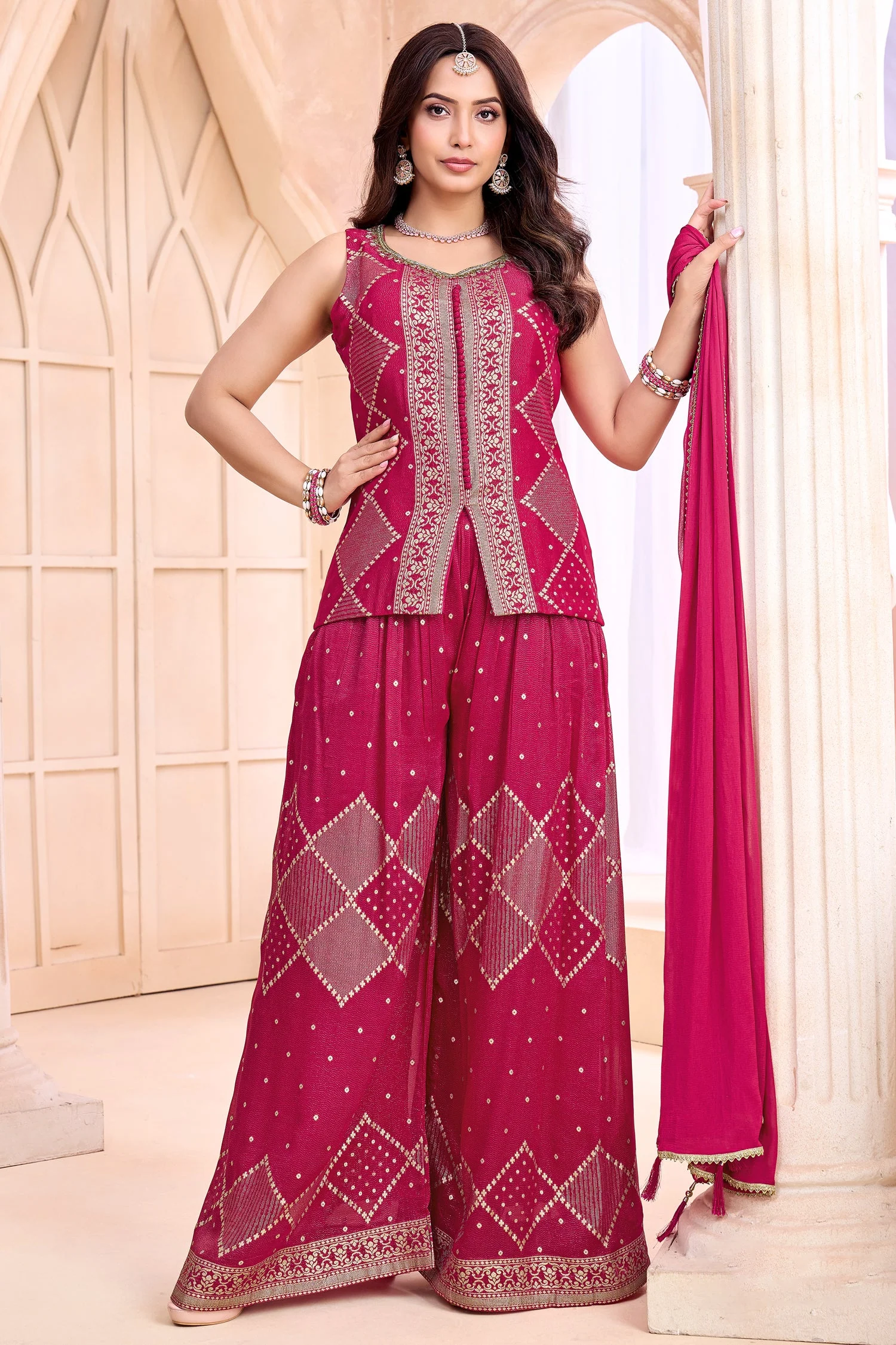 Rani Pink Georgette Woven Palazzo Suit - Image 3