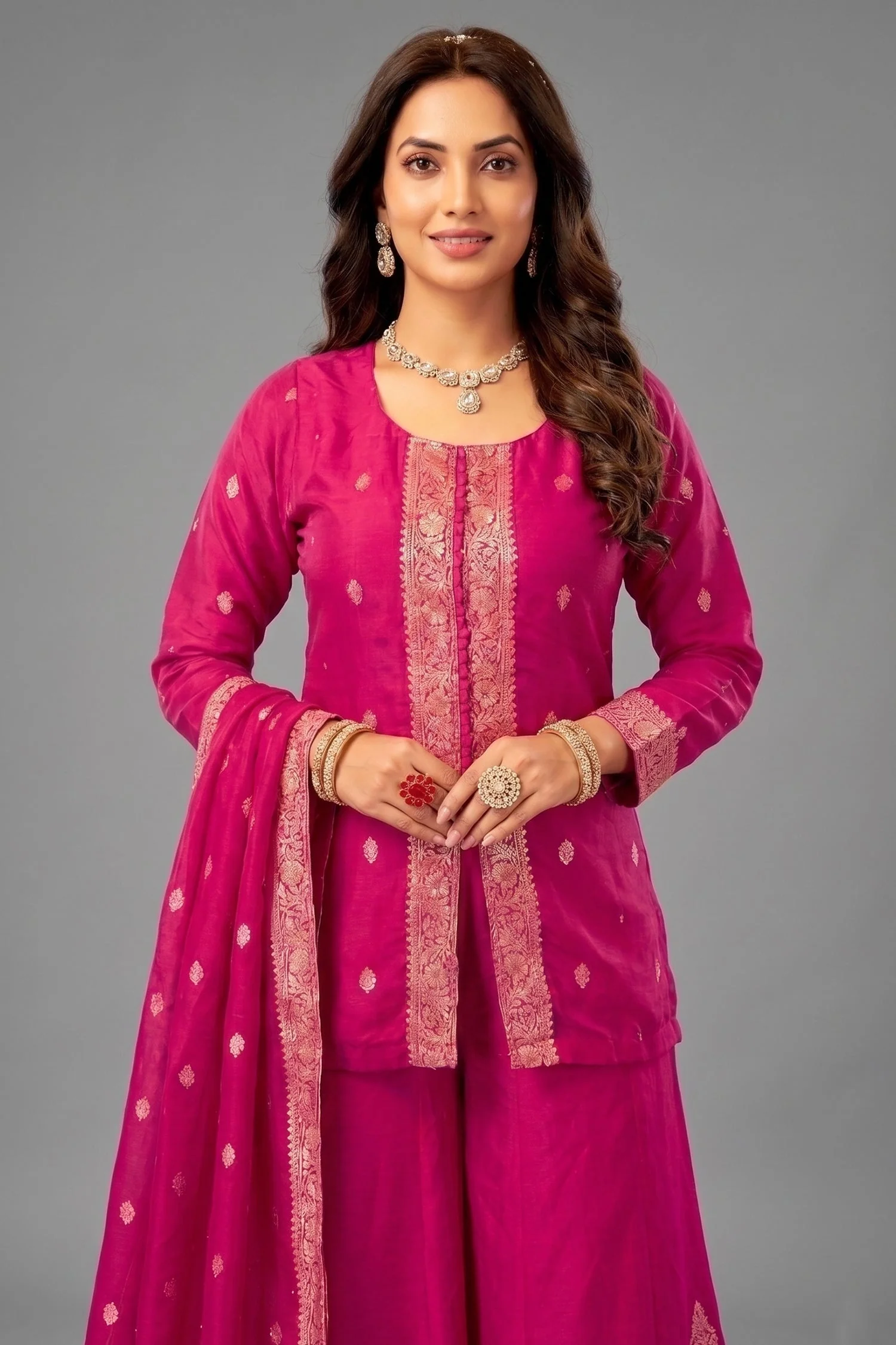 Rani Pink Organza Woven Palazzo Suit - Image 2