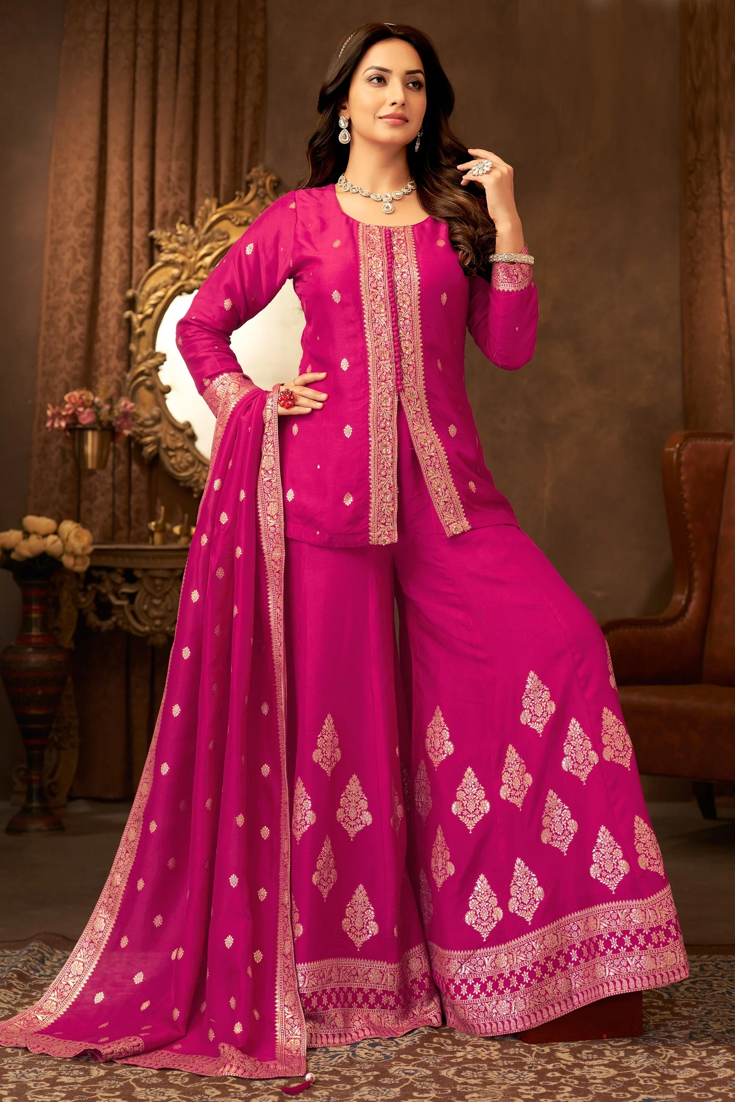 Rani Pink Organza Woven Palazzo Suit - Image 3