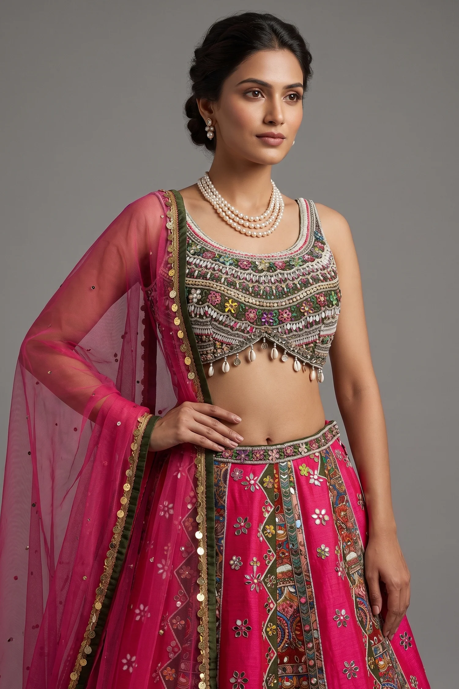 Rani Pink Raw Silk Kalamkari Printed Lehenga with Beads and Applique Work - Image 2