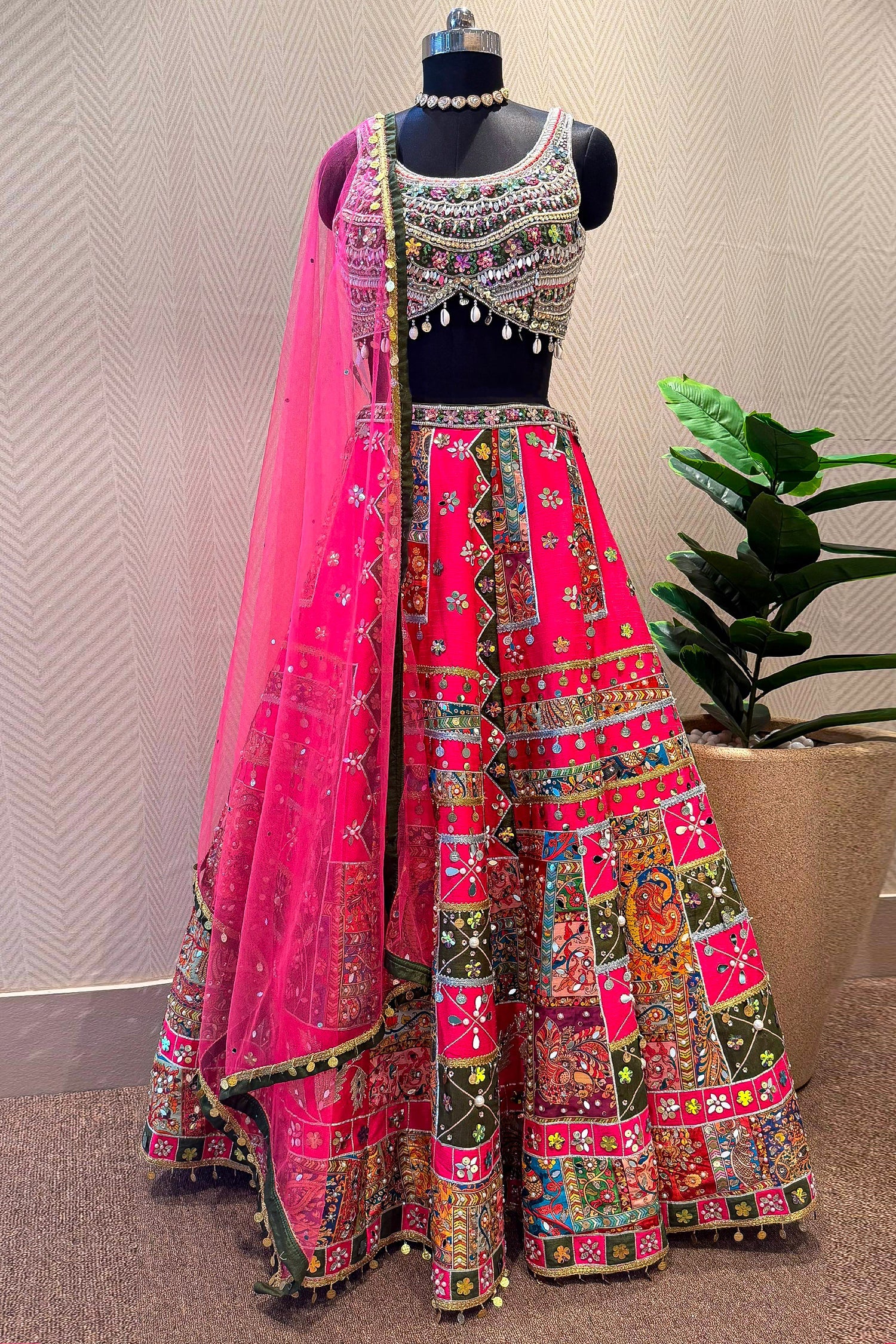 Rani Pink Raw Silk Kalamkari Printed Lehenga with Beads and Applique Work - Image 3